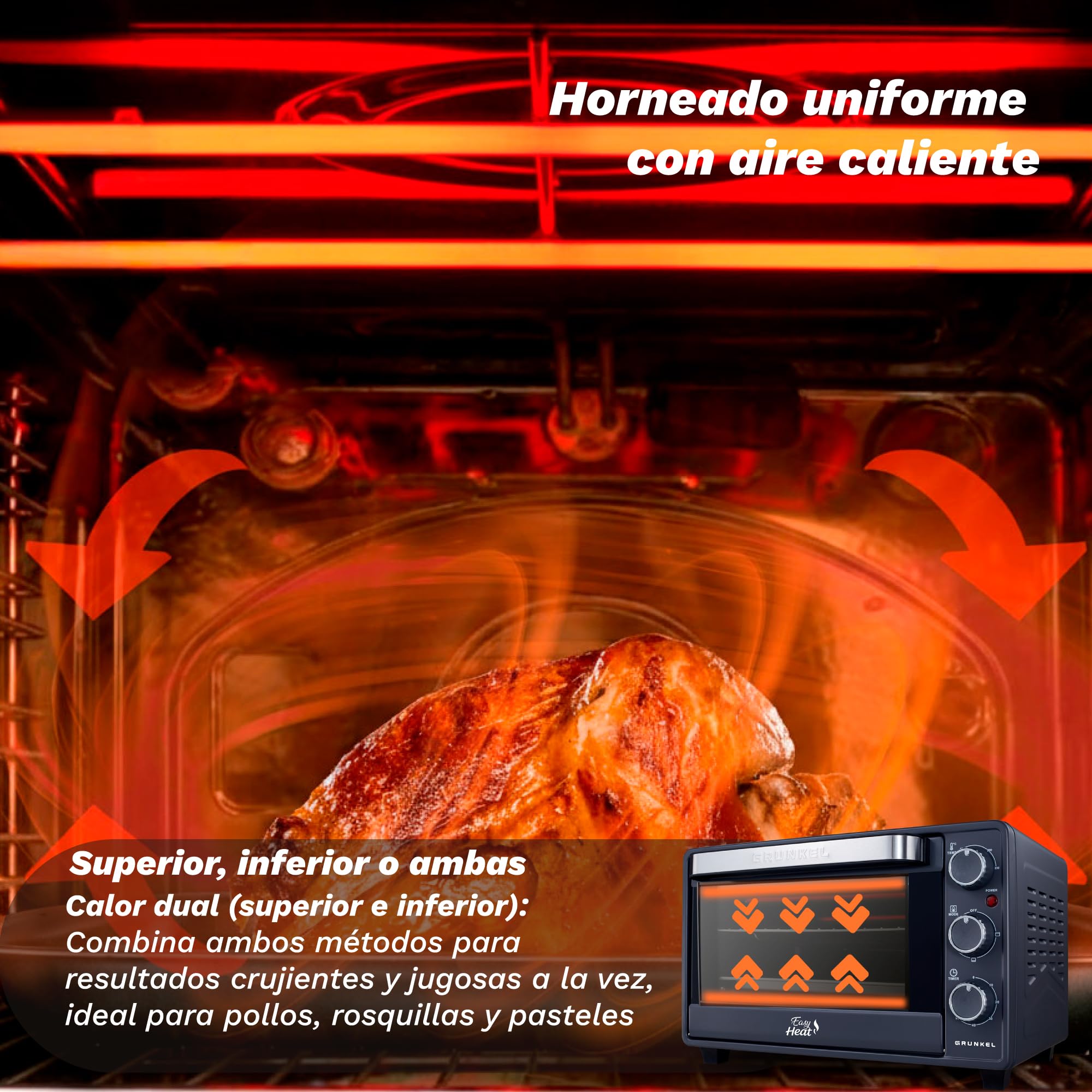 Grunkel Forno elettrico multifunzione da tavolo da 23 l, con 3 funzioni di calore e selettore di temperatura fino a 230 °C. Timer fino a 60 minuti - 1600 W