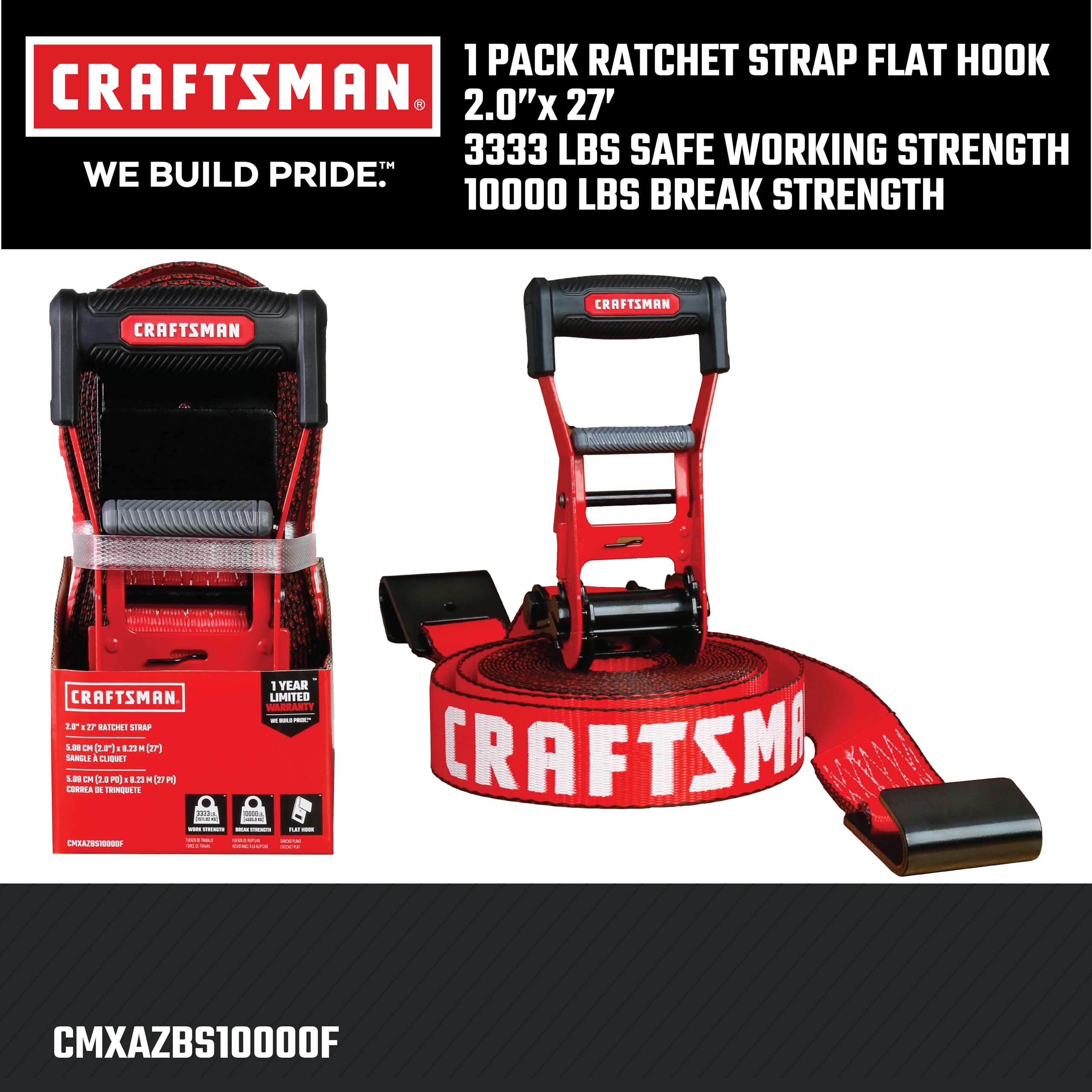 CRAFTSMAN CMXAZBS10000F Sangle d'arrimage à cliquet de 5,1 cm x 8,6 m avec Crochet Plat – Robuste/résistante à la Rupture de 4,5 kg, Noir/Rouge