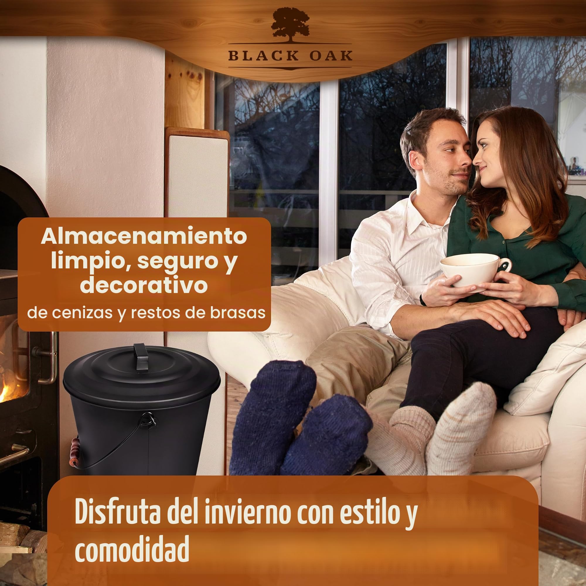 BLACK OAK Cubo de cenizas Santorini, 25 l, negro con tapa, XXL, extra grande, 25 litros, acero galvanizado a prueba de fuego, con recubrimiento de polvo, ceniza y carbón, accesorio ideal para chimenea