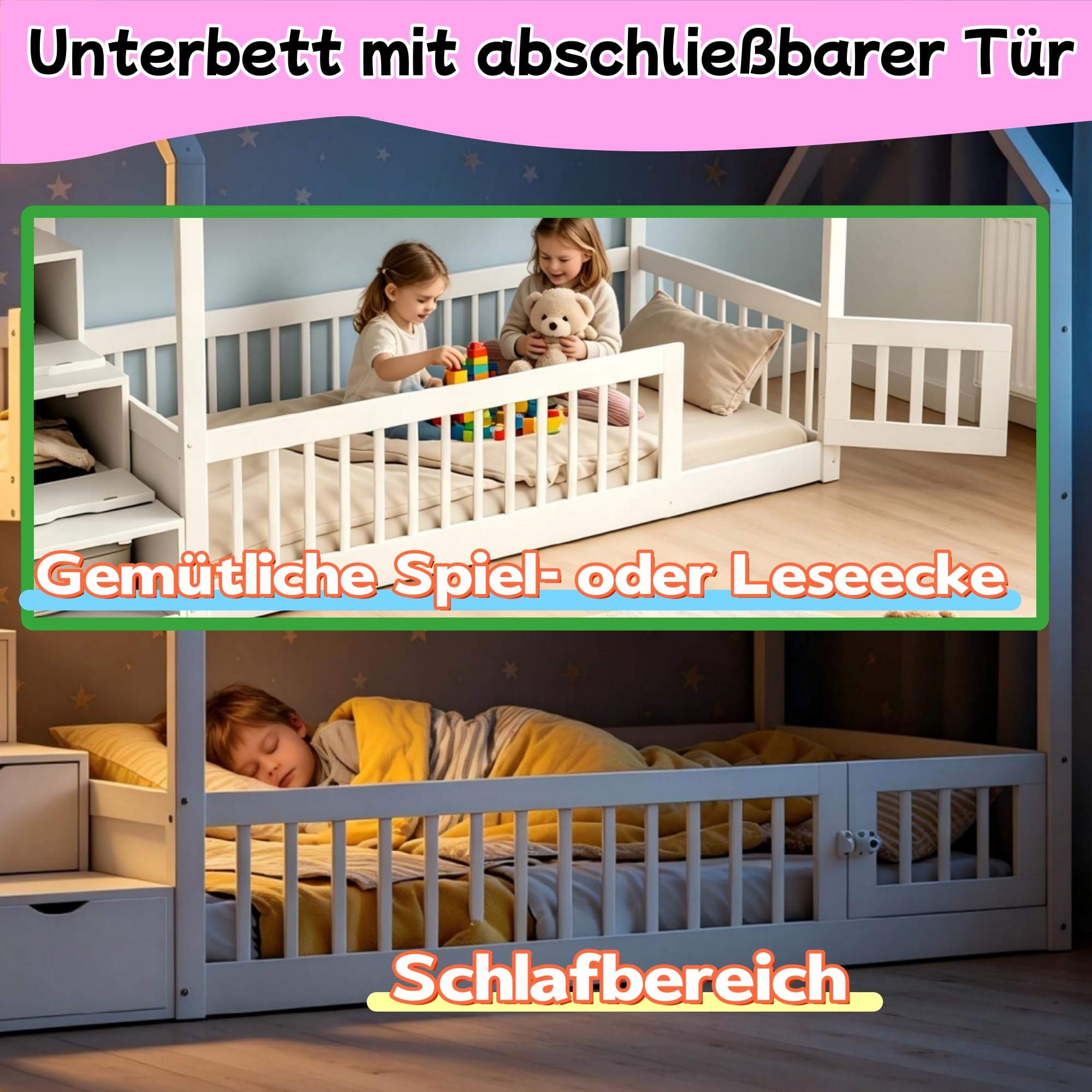 Su & Chan Legence Etagenbett 90x200 mit Treppe und Stauraum, Kinderbett Hochbett mit Schubladen und Sicherheitsgeländer, Hausbett mit Dach für 2 Kinder, Weiß