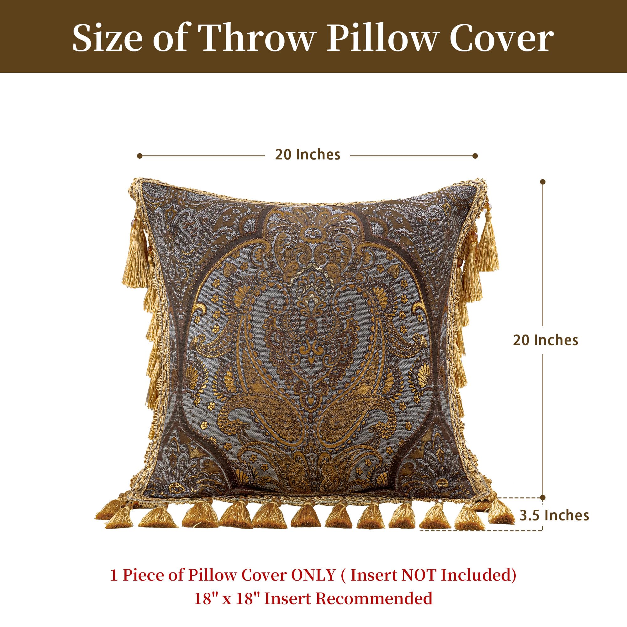 Loom and Mill 1 x luxuriöser Zierkissenbezug mit Quasten, Jacquard-Damast-Kissenbezüge für Wohnzimmer, Schlafzimmer, Sofa, Couch, Stuhl, 50,8 x 50,8 cm, Bronze-Gold