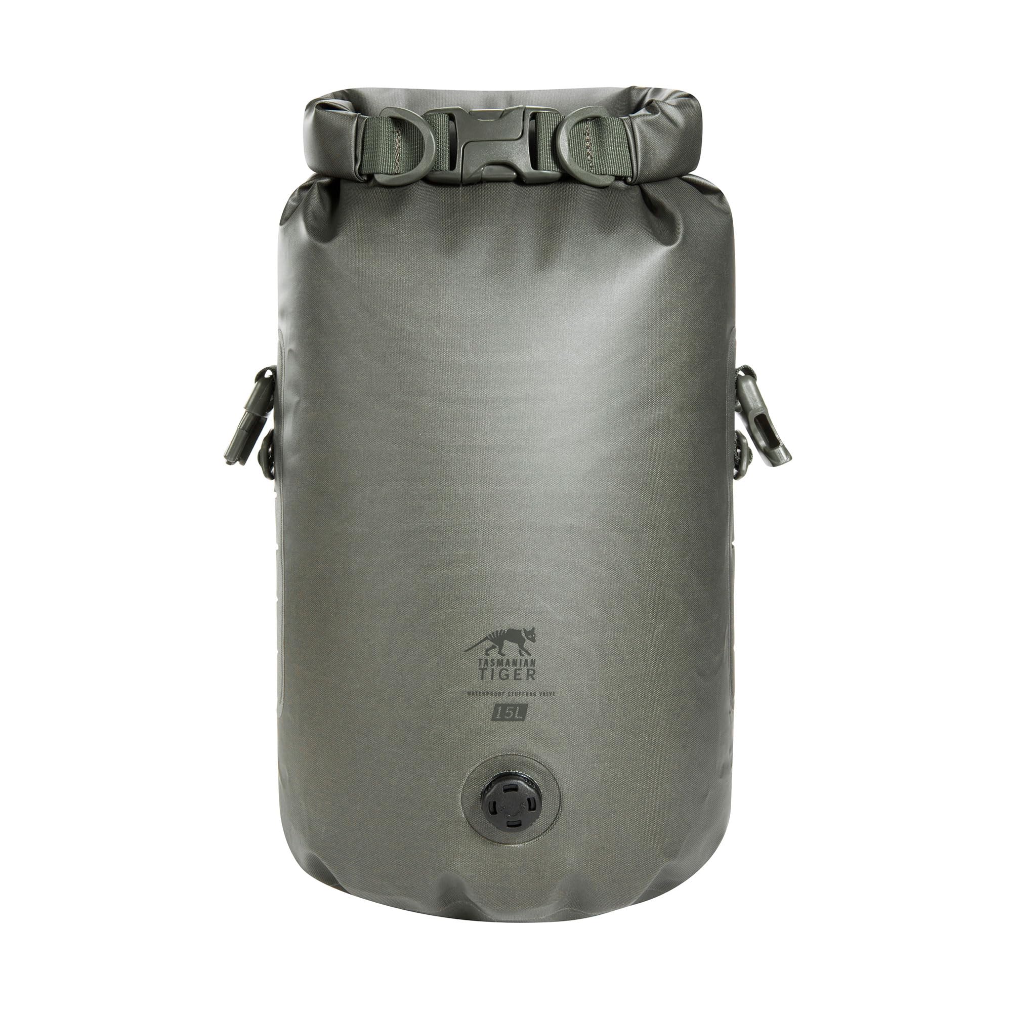 Tasmanian Tiger TT Stuffbag 15 WPV wodoszczelny worek do pakowania 15 l z rolowanym zamknięciem i zaworem do kompresji, do aktywności na świeżym powietrzu, łodzi, sportów wodnych; kamienno-szary