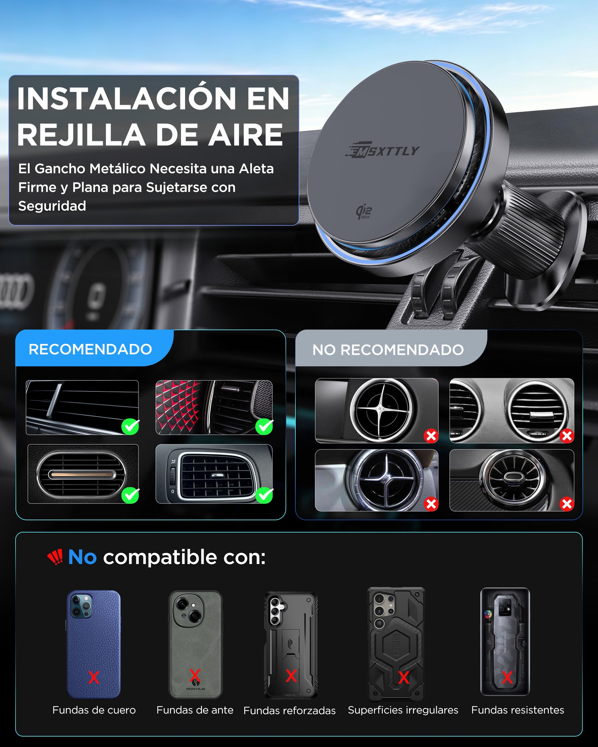 MSXTTLY Cargador Coche MagSafe Inalámbrico 25W Qi2.2 con Cargador Rápido USB-C 45W, Soporte Magnético Móvil para Coche para iPhone 17 Pro Max/17/16