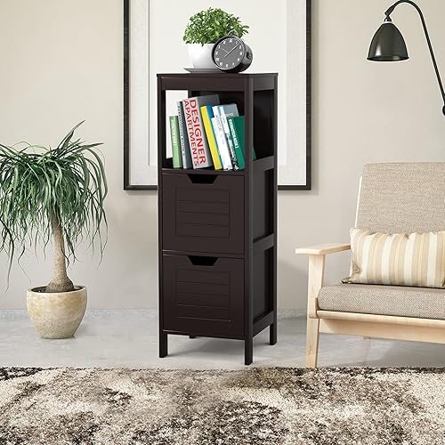 Miniatura 8 de DORTALA Armario de suelo de baño estante de almacenamiento de madera multifuncional organizador de pie independiente con 2 cajones mesa auxiliar