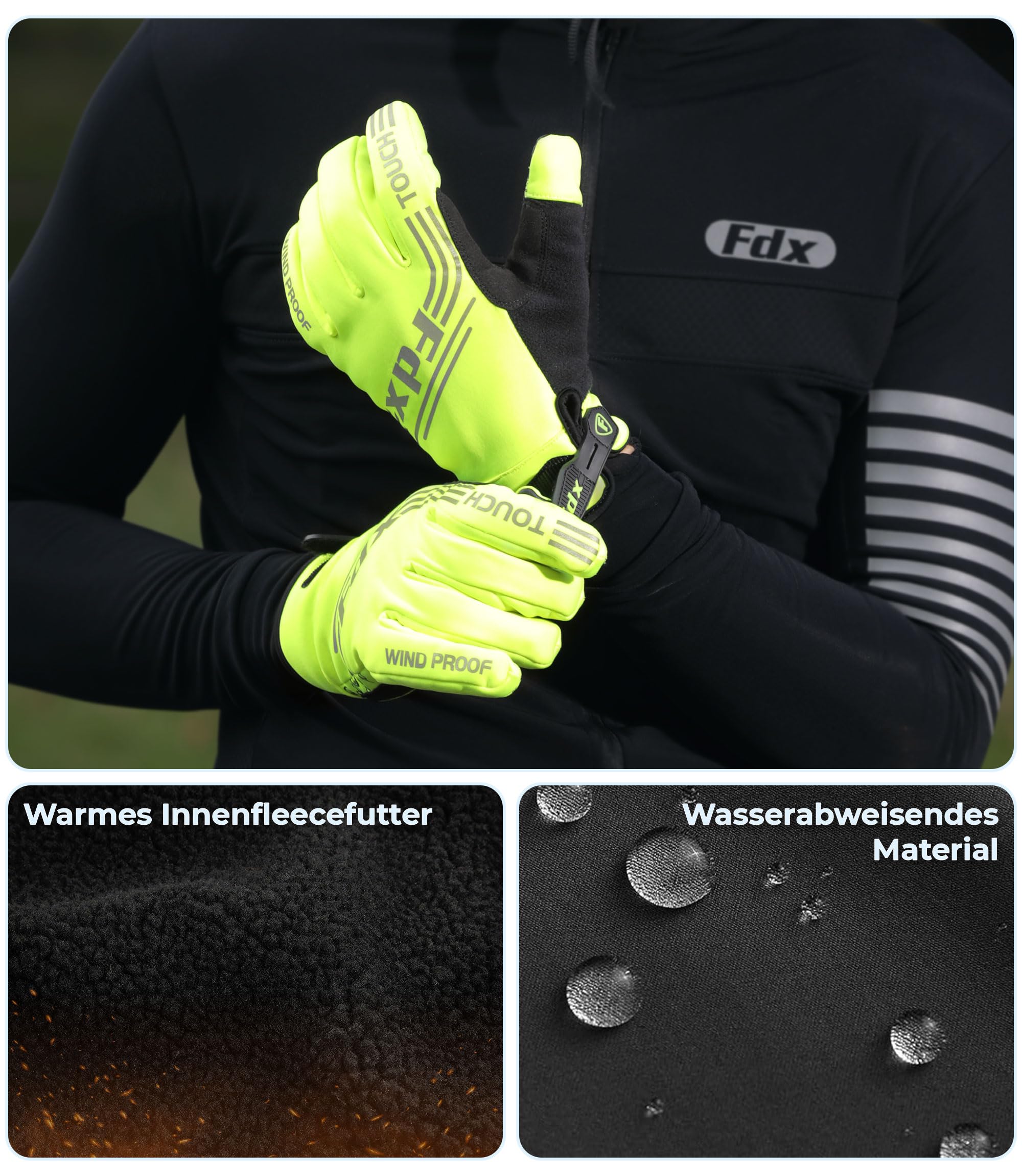 FDX Winter-Radhandschuhe, warm, wasserabweisend, Winddicht, mit Gelpolsterung, Touchscreen-kompatibel, atmungsaktiv & rutschfest – für Damen und Herren beim Radfahren, MTB & Laufen