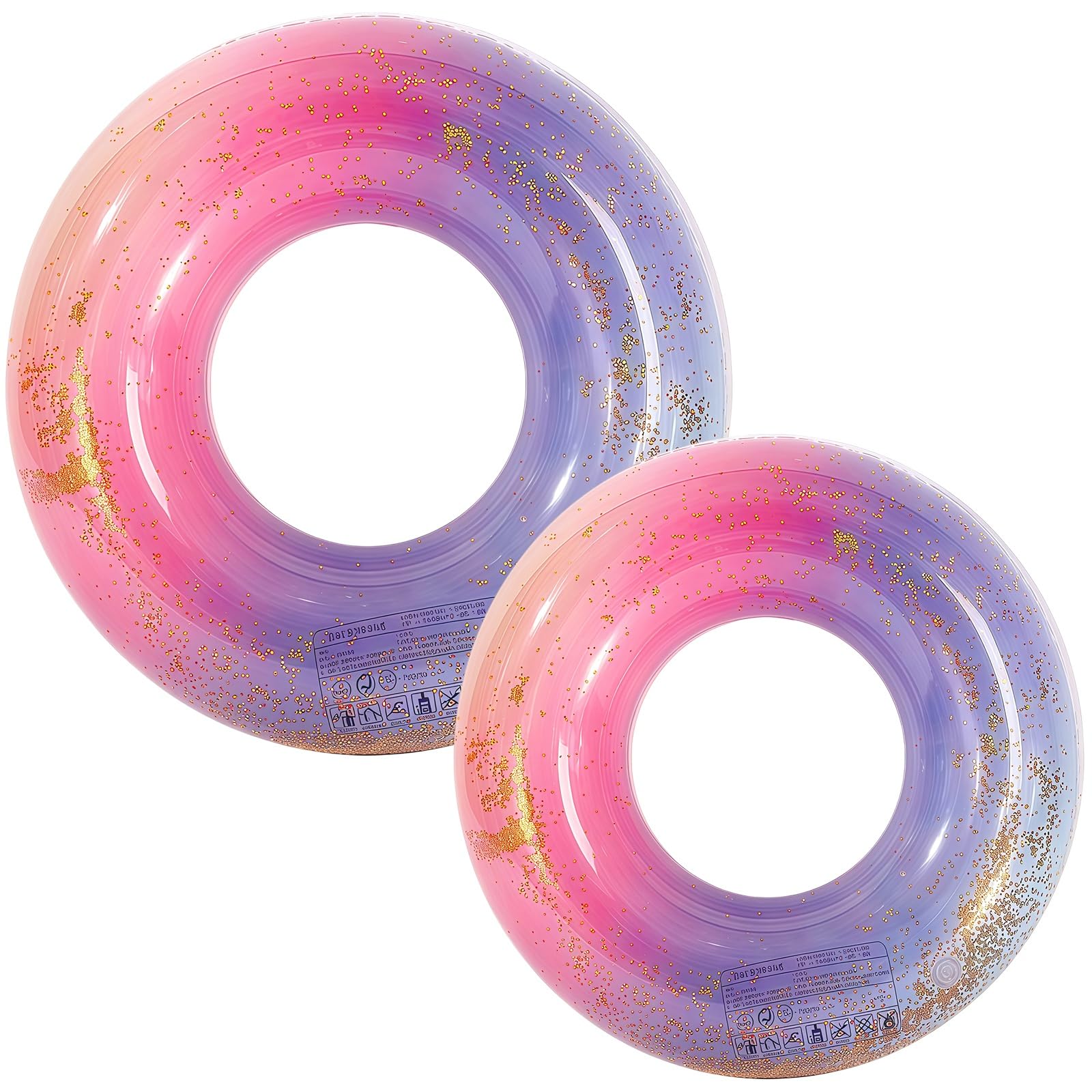 2 Pack Rainbow Glitter Inflatable Swimming Rings 70cm 90cm, Sequin Pool Floats Rubber Ring for Kids Adults, Paddling Pool Beach Holiday Water Party