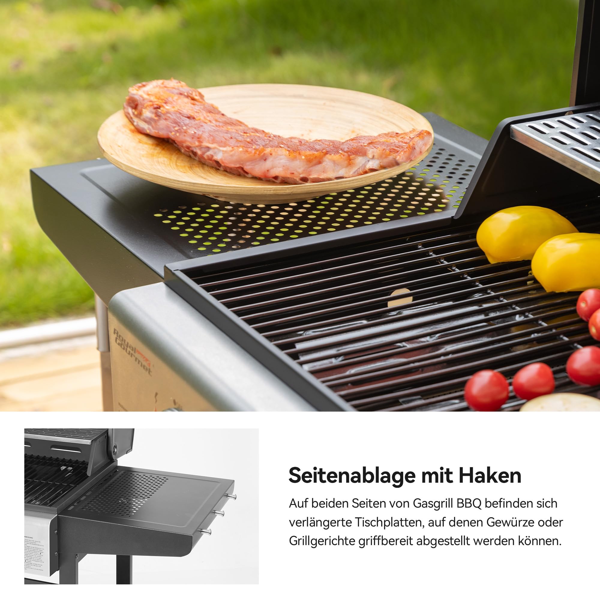 Royal Gourmet Gasgrill Grillwagen 3 Brenner 9 kW Camping Gaskocher mit Kochplatte, Gartengrill mit Flaschenöffner, Druckminderer und Gasschlauch Grillrost ca. 60 x 42 cm, Schwarz