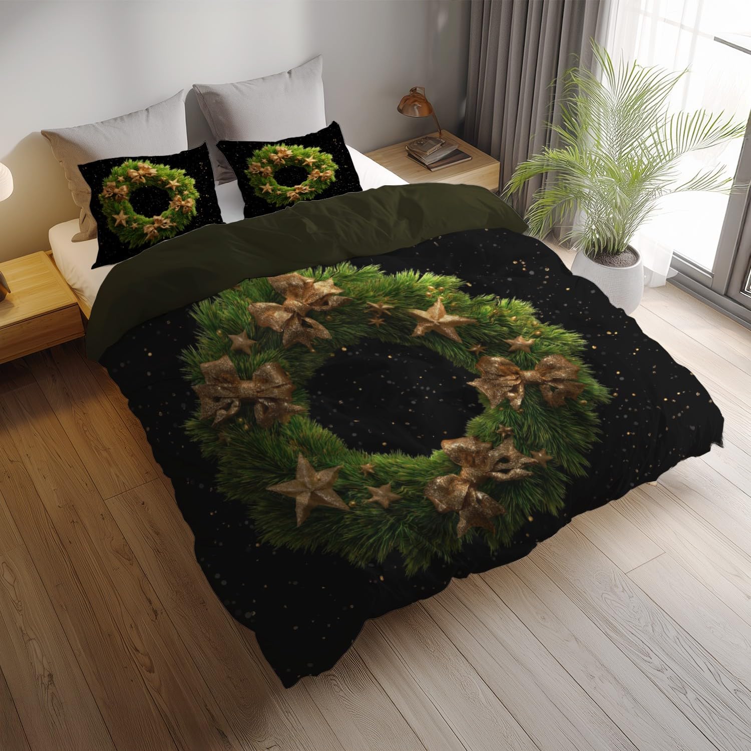 Czarna zielona taśma z gwiazdami korony 200 x 200 cm (79 cali x 79 cali) lekka oddychająca poszwa na kołdrę z mikrofibry z nadrukiem zestaw pościeli elegancka pościel z 2 poszewkami na poduszki