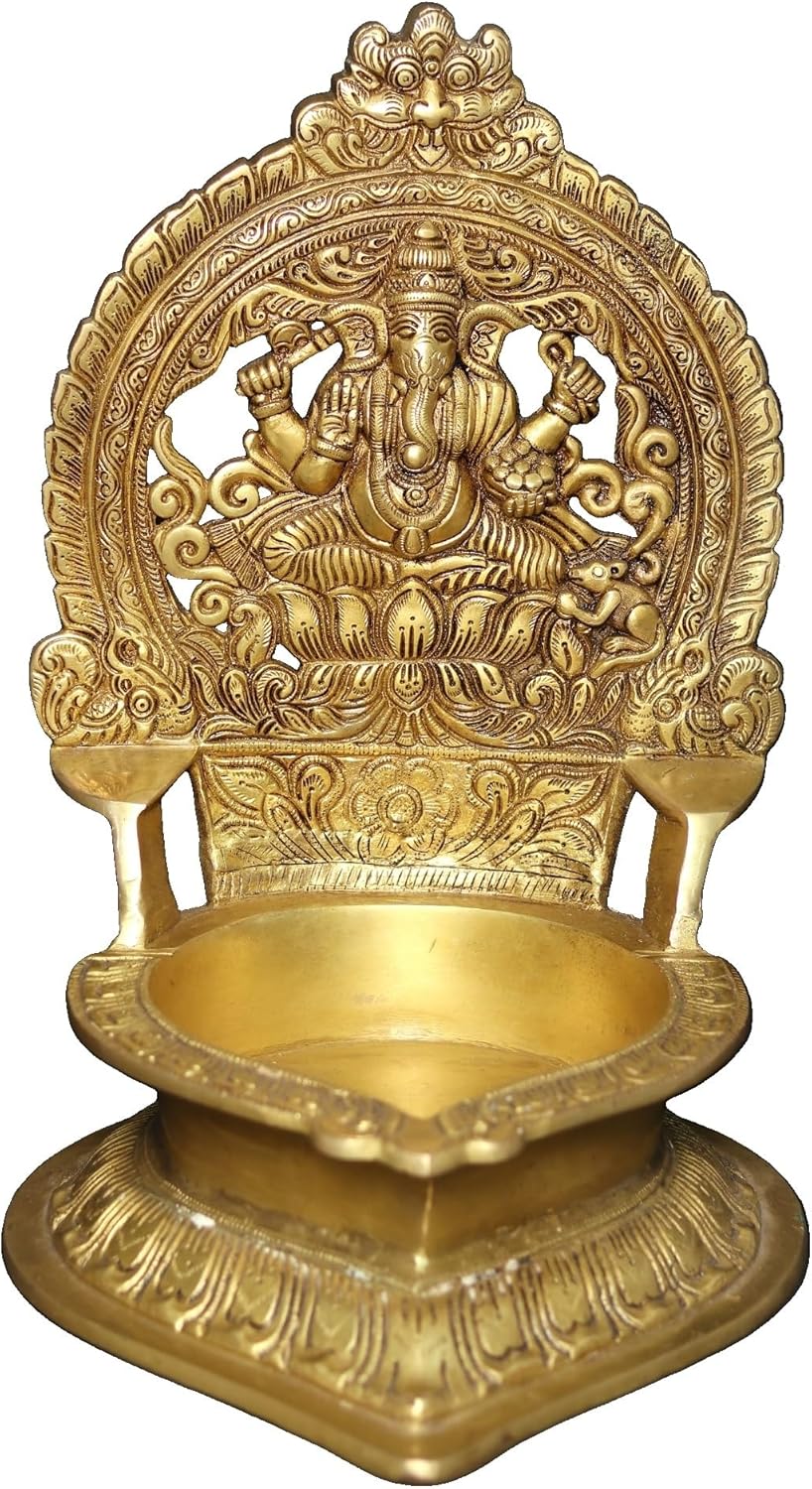 Exotic India 16" Blessing Lord Ganesha Brass Statue with Oil Lamp for Puja Room, Temple, Home, Office, Table Décor