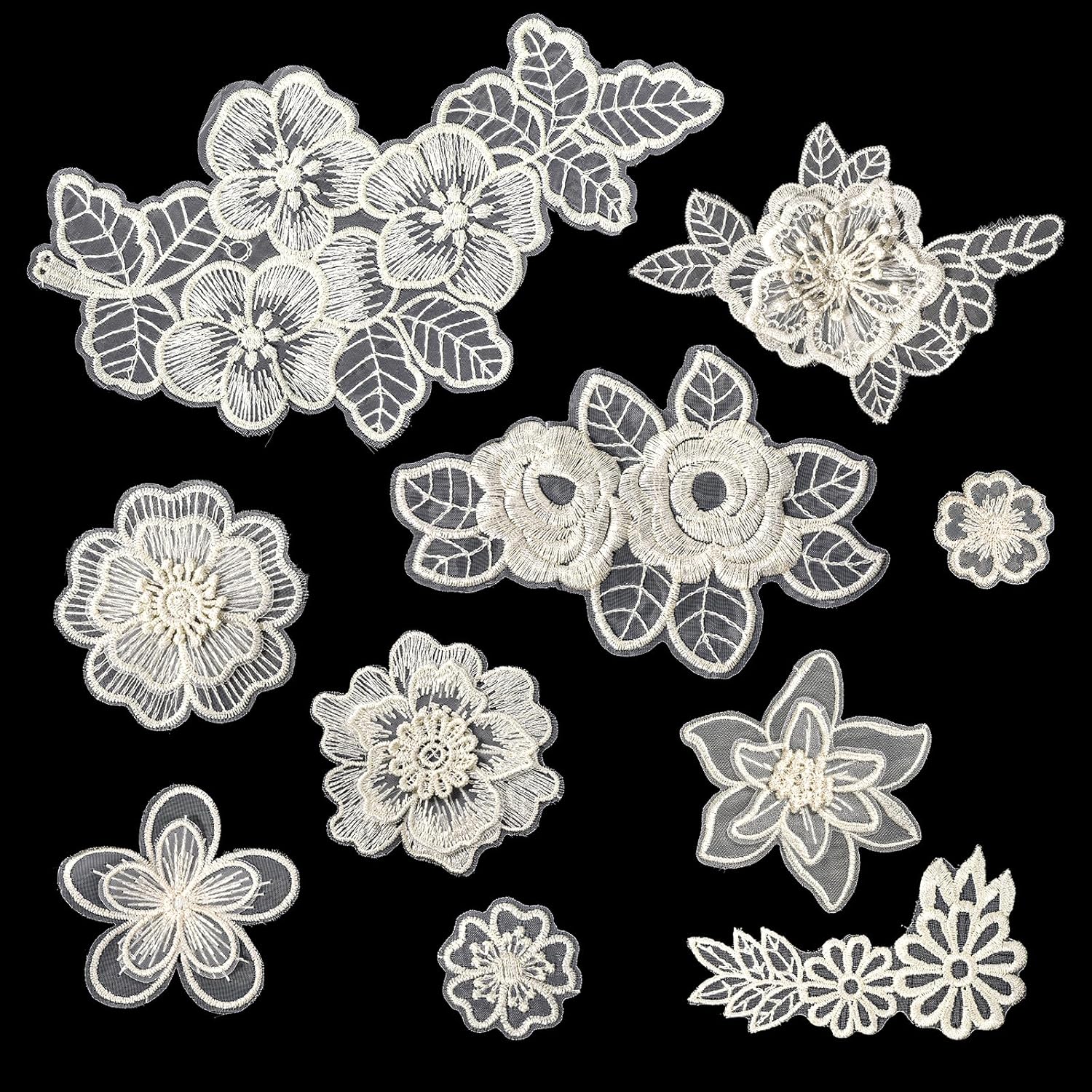 10 Pcs Flower Lace Embroidered Applique, Lace Flower Patches Organza Patches Flowers Applique for DIY Wedding Dress Sewing Craft Clothing Jeans Jackets Bags (Beige)