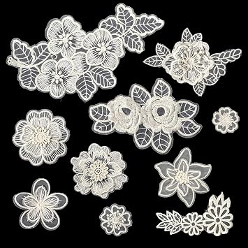 10 Pcs Flower Lace Embroidered Applique, Lace Flower Patches Organza Patches Flowers Applique for DIY Wedding Dress Sewing Craft Clothing Jeans Jackets Bags Beige