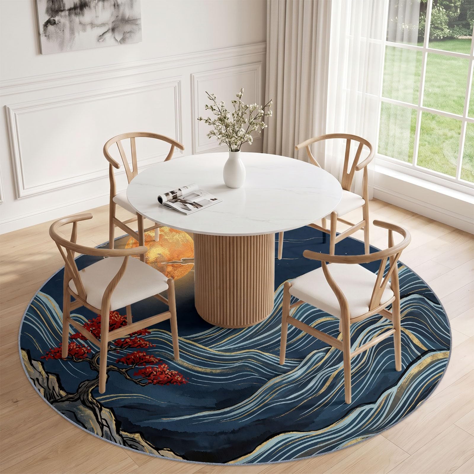 Tapis Rond de Salon 100 cm, Moderne Classique Montagnes Lune Imprimé - Bleu pour Salle à Manger Bureau Chambre, Lavable en Machine et Poil Court Tapis Rond avec Dos Antidérapant