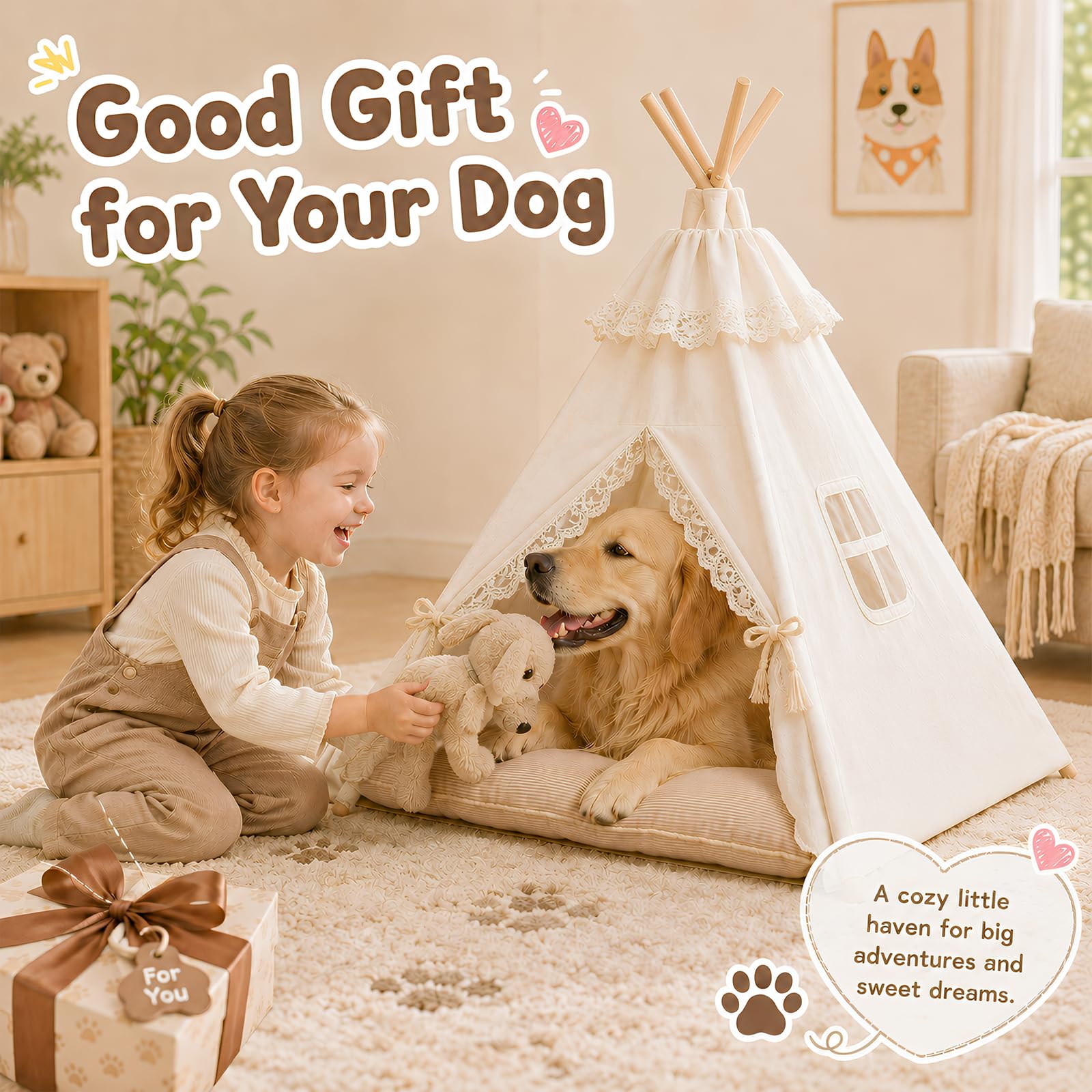 Tipi Zelt für Hunde und Katzen 60x60x70cm, 5-Eckiges Kiefernholz Haustierzelt mit Doppelseitigem Kissen, Waschbare Hundehöhle für Mittelgroße Hunde bis 15kg Indoor, Cremeweiß, 1 Stück