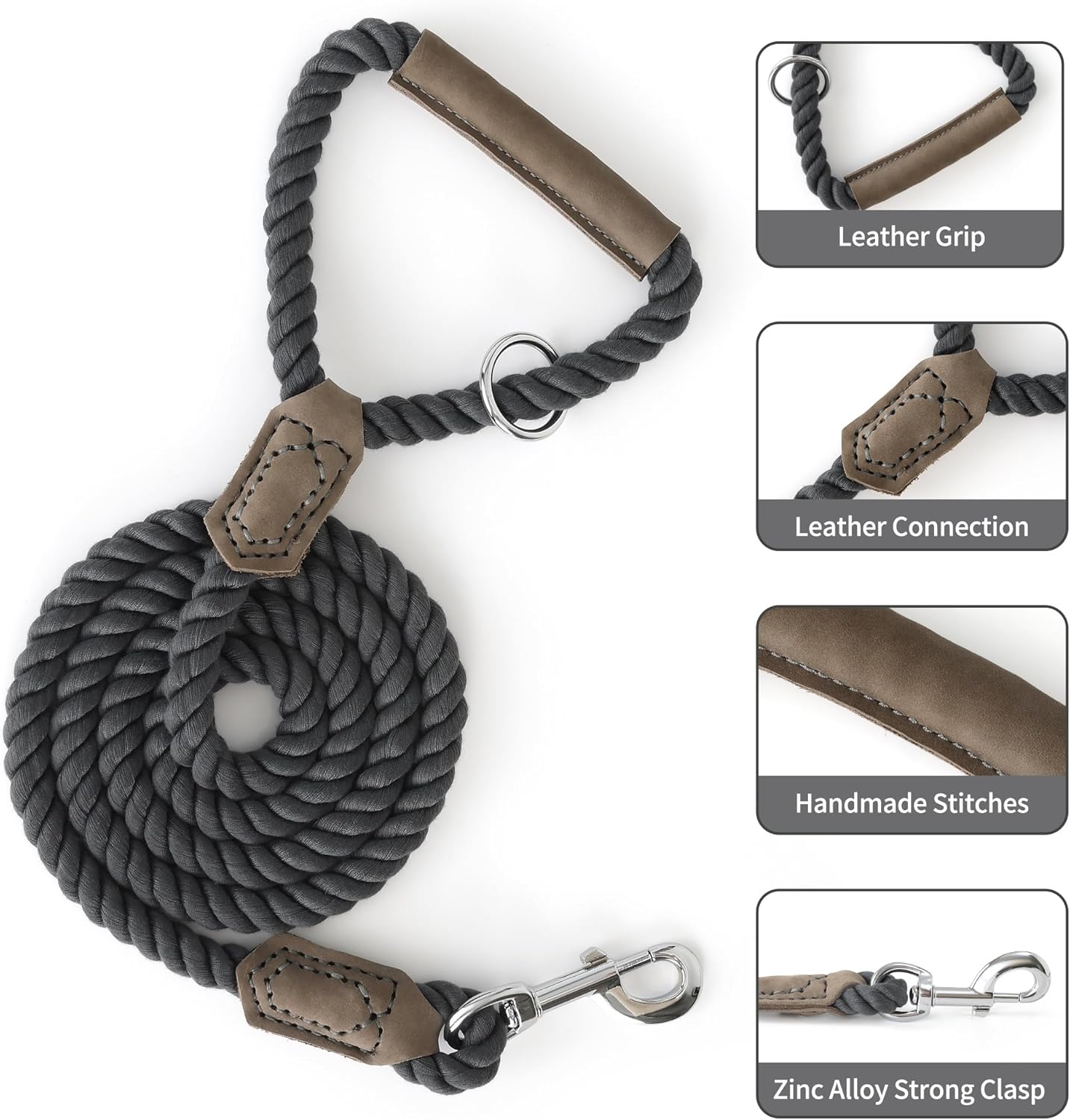 Mile High Life Dog Leash, Braided Cotton Rope Leashes with Leather Handle - Heavy Duty Metal Clasp, 6FT, 1/2" Thick - Wedding, Walking & Training Leash for Medium Large Dogs (Gray)