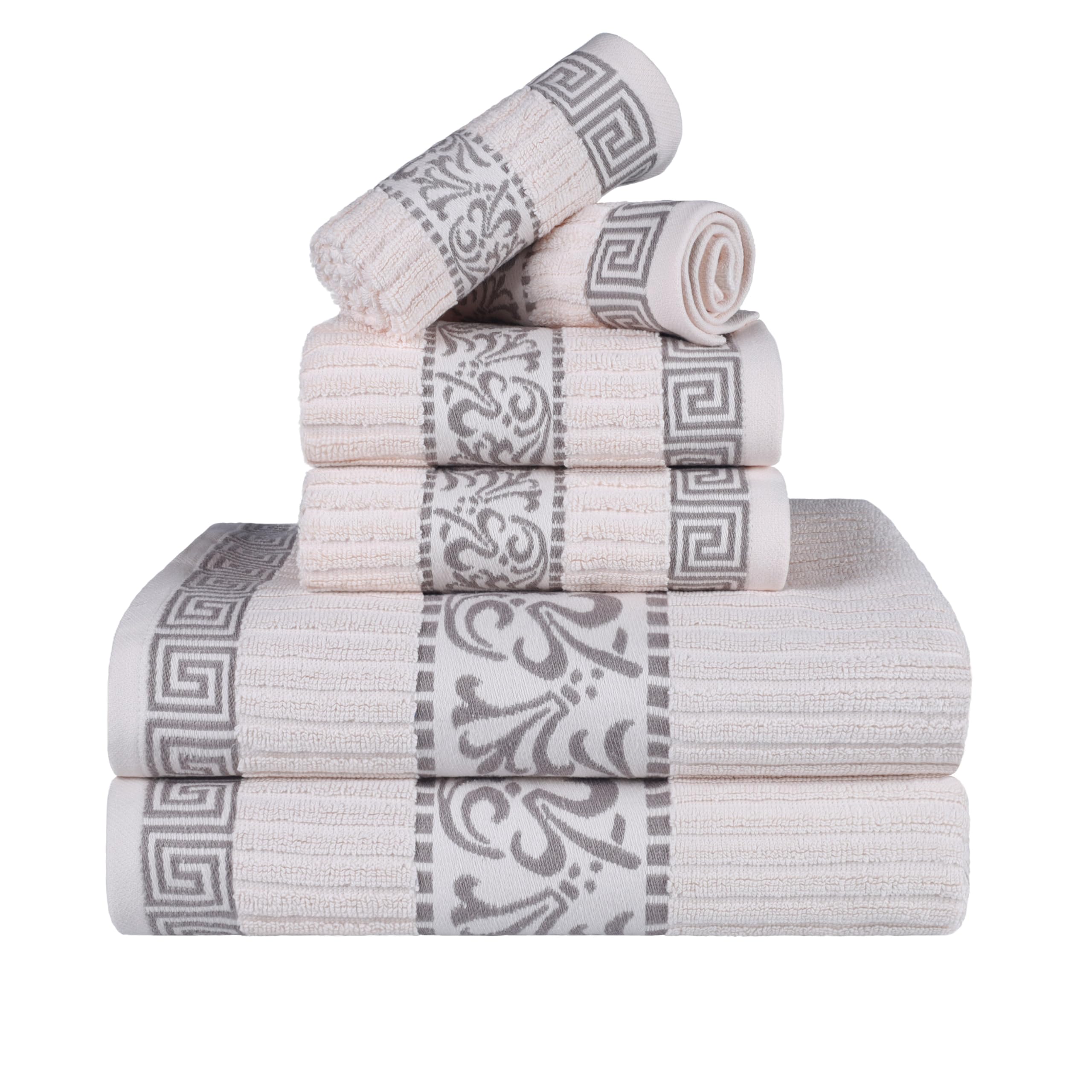 Superior 6-Piece Cotton Towel Set, Decorative Greek Pattern, Home Essentials, Absorbent Towels, Bathroom Decor, Spa, Resort, Includes 2 Hand, 2 Face