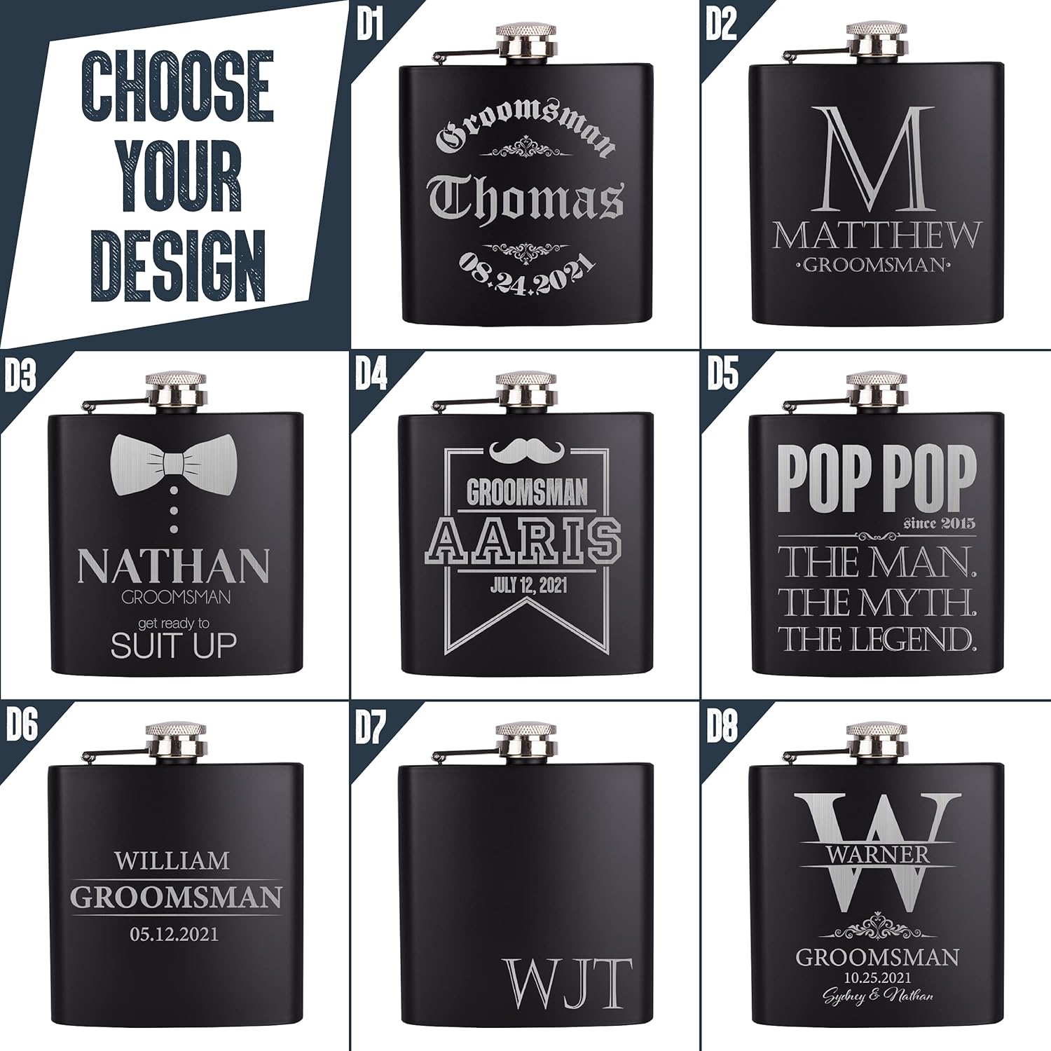 Personalizedgiftland Personalized Flask, Set Of 6 - Customized Flask Groomsmen Gifts For Wedding Favors, Personalized Groomsman gift – Stainless Steel Engraves Flasks w Gift Box Options – 6oz, Black
