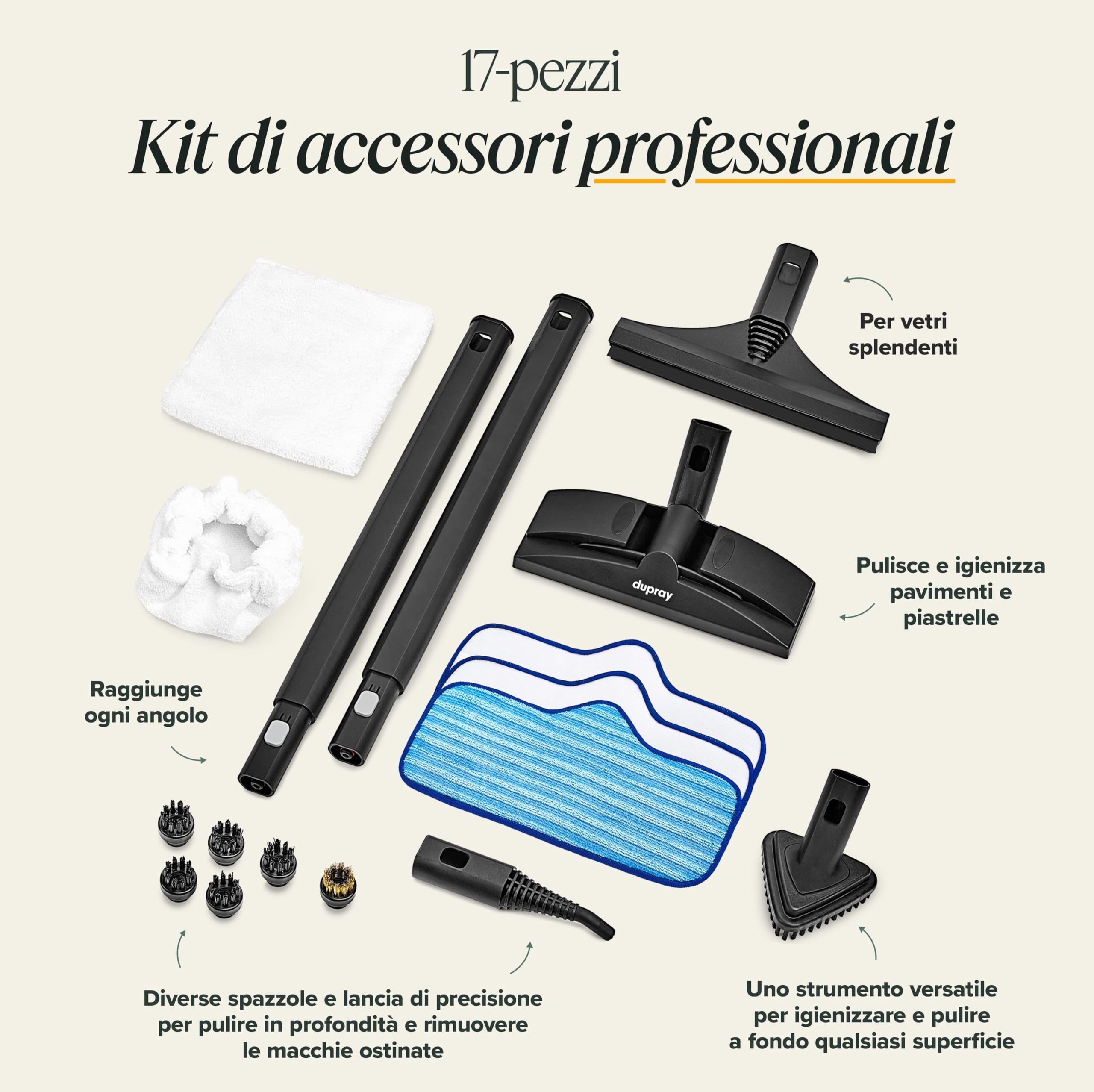 Dupray Neat Pulitore a vapore con Kit 17 Accessori – potente pulitore a vapore multifunzione per casa, pavimenti, fughe, piastrelle, materassi, mobili, finestre, auto e altro