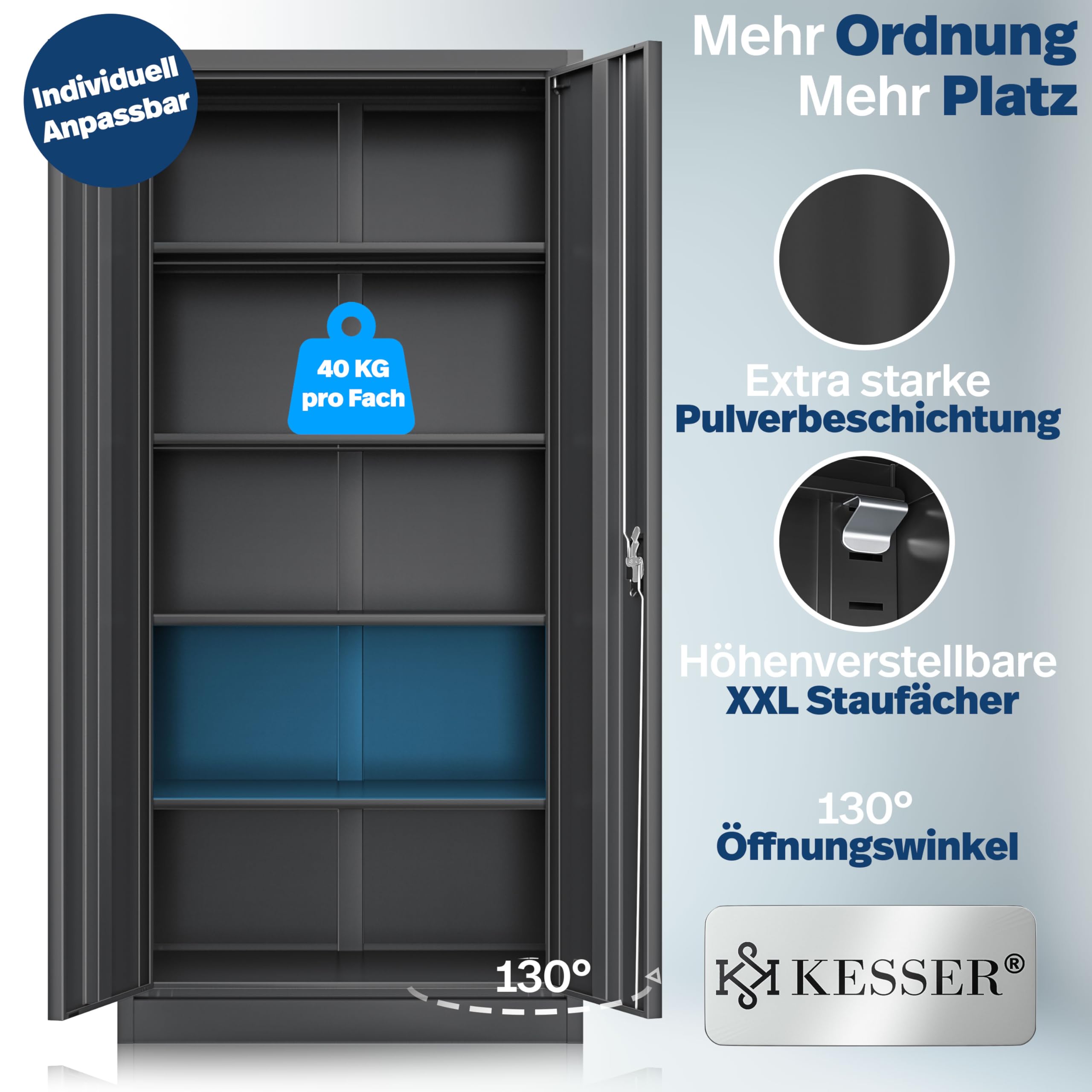 KESSER® Armoire de classement verrouillable avec portes battantes 180 x 80 x 40 cm | Armoire de bureau en acier avec 4 étagères réglables en hauteur | Armoire multi-usages, 5 compartiments flexibles