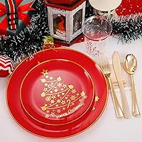 Vista 5 de LIYH 150 Pcs Plastic Christmas Dinnerware Set, Red Plastic Dinner Dessert Disposable Plates, Gold Silverware, Red Christmas Disposable Cups 10 OZ