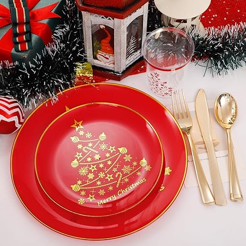 Miniatura 5 de LIYH 150 Pcs Plastic Christmas Dinnerware Set, Red Plastic Dinner Dessert Disposable Plates, Gold Silverware, Red Christmas Disposable Cups 10 OZ
