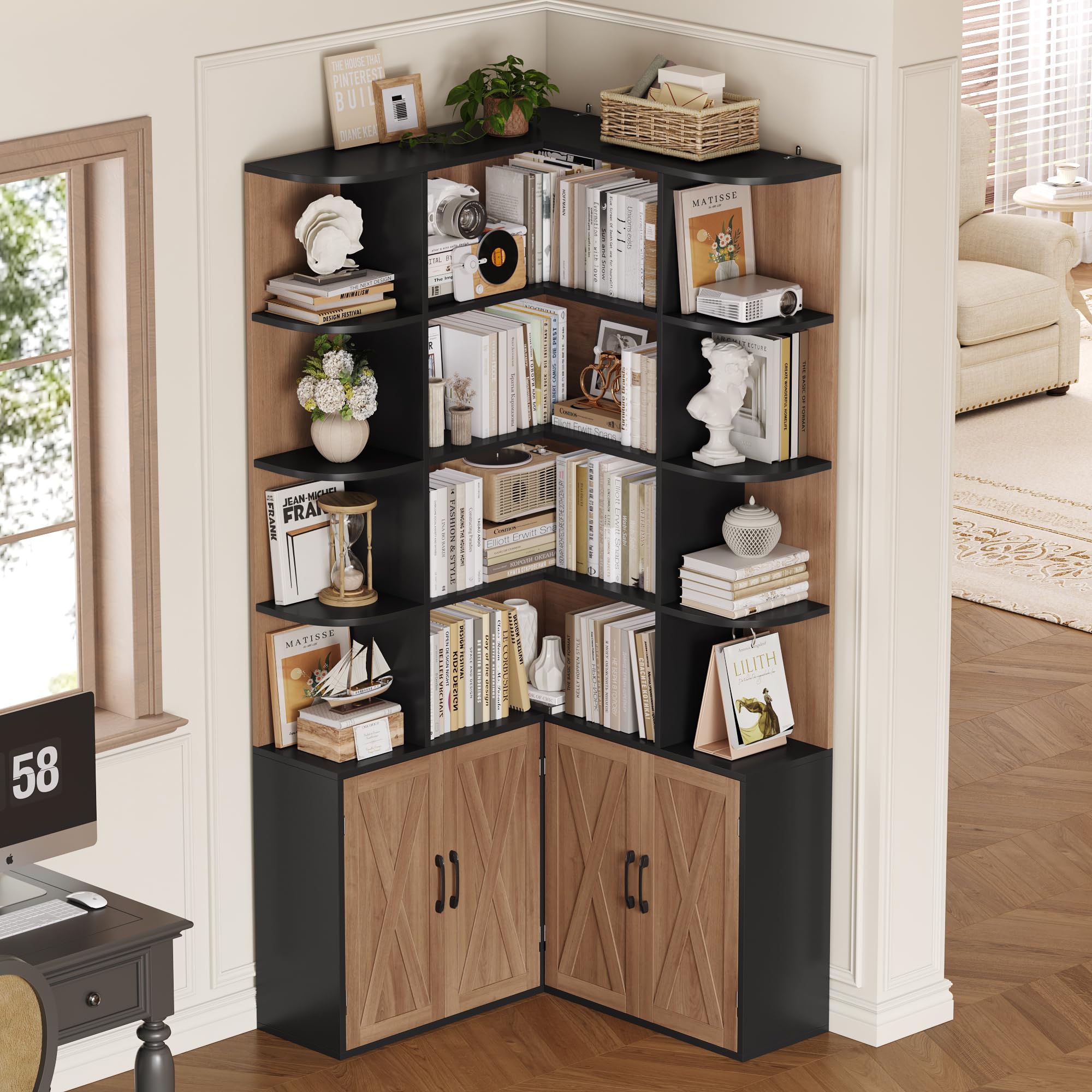 FirFurd 187cm Bücherregal mit Türen， Eckregal mit 12 Fächern L-förmiger | Bücherschrank mit Türen, Bücherregal, Hochschrank Regal für Wohnzimmer, Büro, Arbeitszimmer, 187x80x80cm