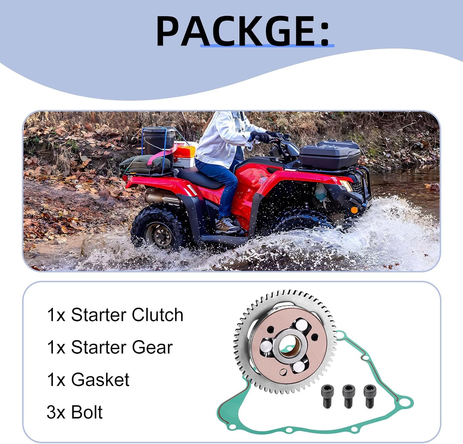 One Way Bearing Starter Clutch Gear Kit w/Gasket for Yamaha Timberwolf Bear Tracker 250 YFB250 YFM250 Tri-Moto 225 Moto-4 Yamahauler 200 YFM200 1983-2004