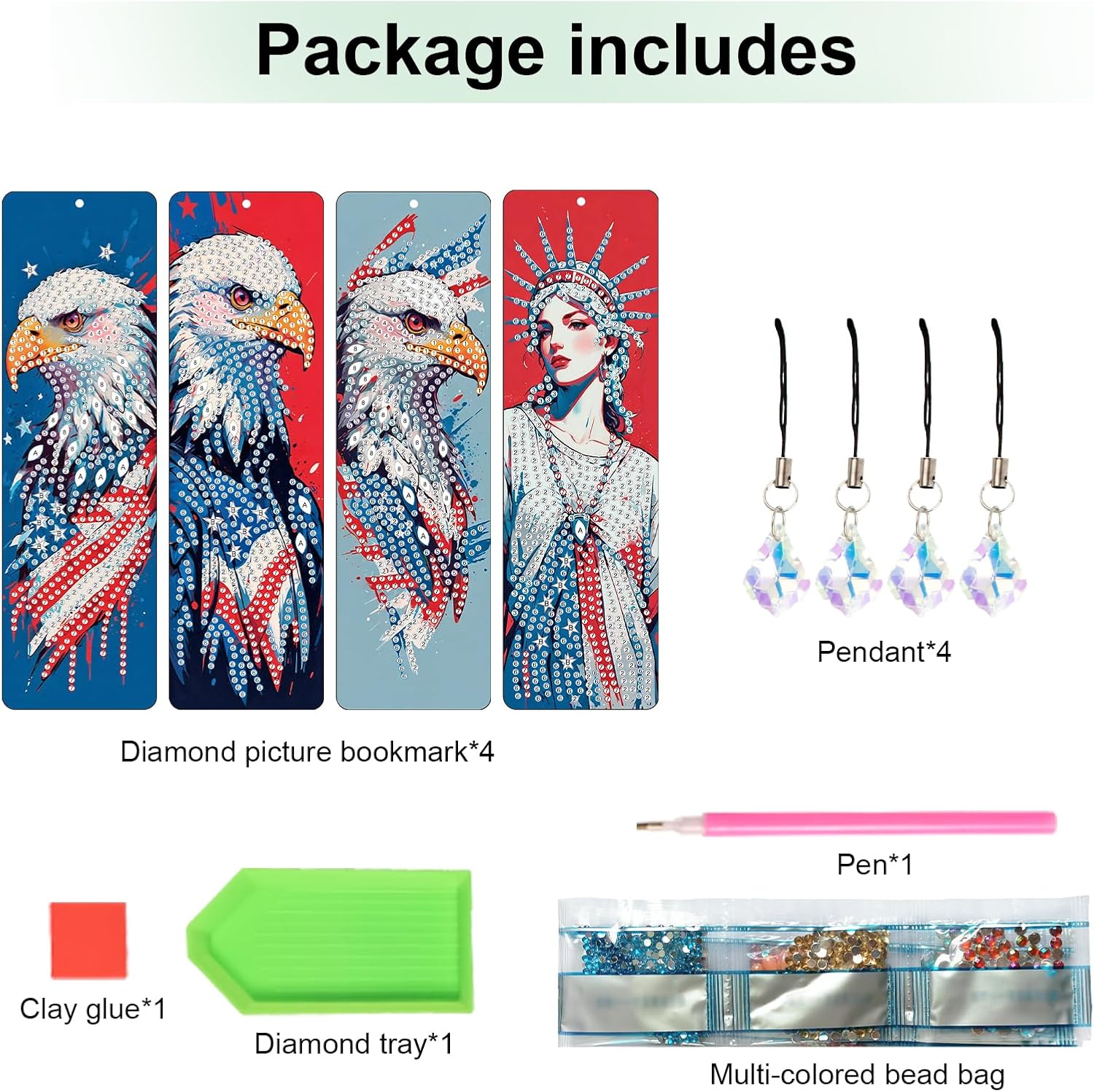 4 Pack Diamond Painting Bookmark Kits Theme of Independence Day, Special Shaped Diamond Art Bookmarks with Pendant, Handmade Crafts Home Office Supplies Reading Bookmark for Book Lovers image 3