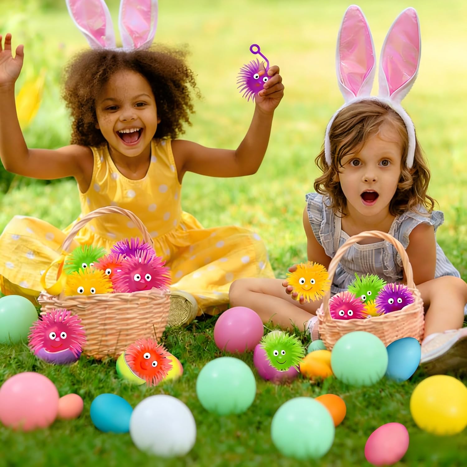 24 PCS Light Up Balls for Toddlers Kids 4-8 8-12, Glow in The Dark Party Favors LED Puffer Balls with Finger Loop, Easter Eggs Fillers Fidget Toys Easter Basket Stuffers