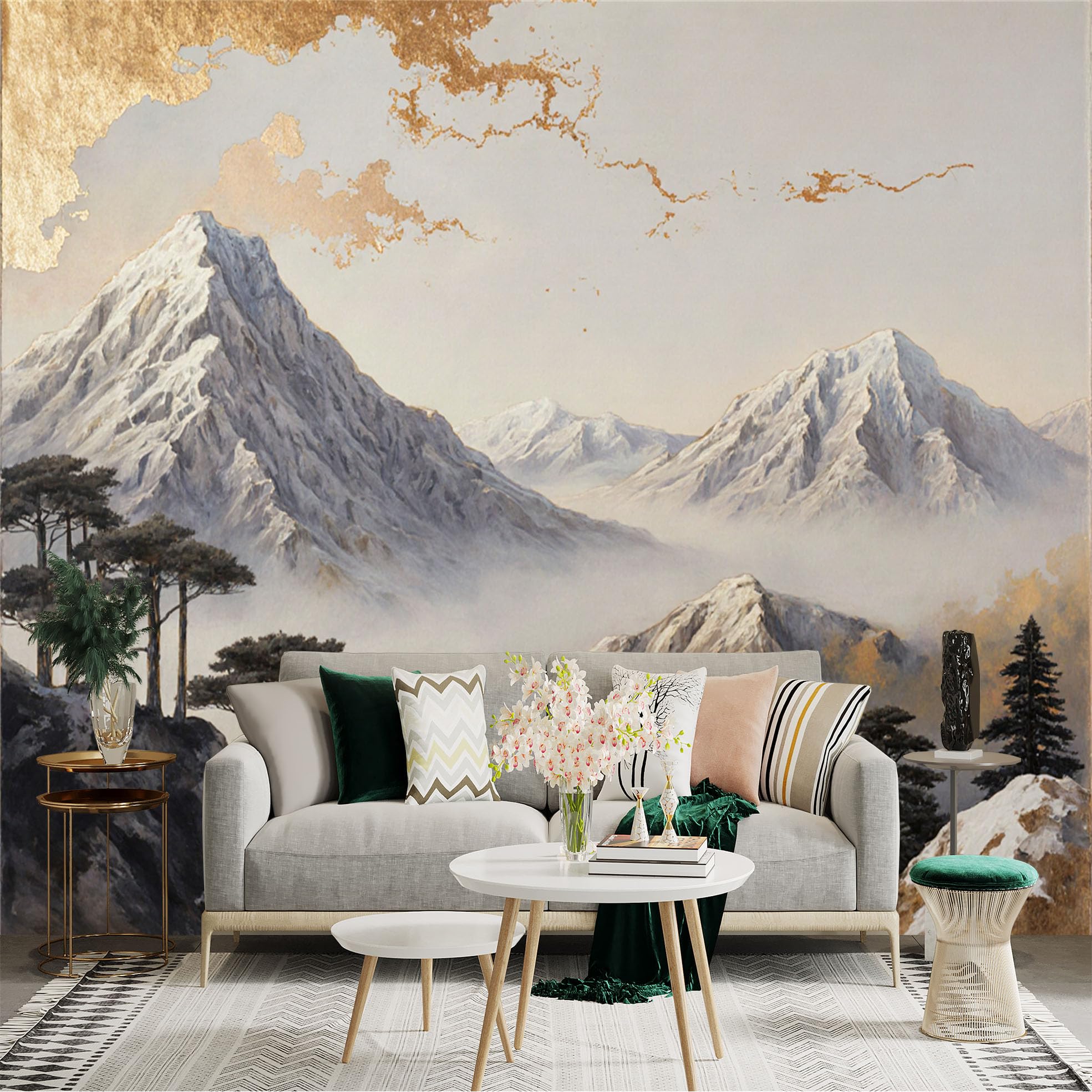 Lnzczhyre Xc260505424 Custom Size Wall Sticker Mural， Snowy Mountain Peaks With Pine Trees， Misty Valley Scenery， Gold Leaf Accents， Elegant Landscape Art， For Wall Decoration， Peelandstick Wall Decals.