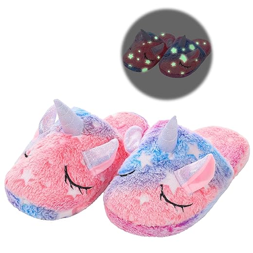 Kids Unicorn Slippers for Boys Girls Toddler Fuzzy Slippers Children House Slippers with Anti Slip Soles Glow in the Dark