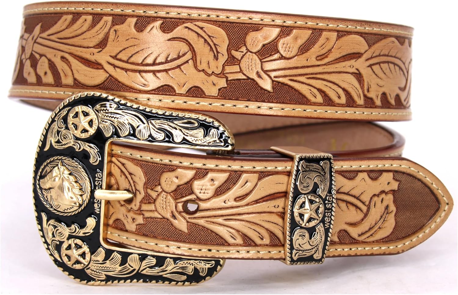 Western Cowboy Belt for Men Women - Genuine Leather Western Belt with Engraved Buckle, Country Rodeo Style