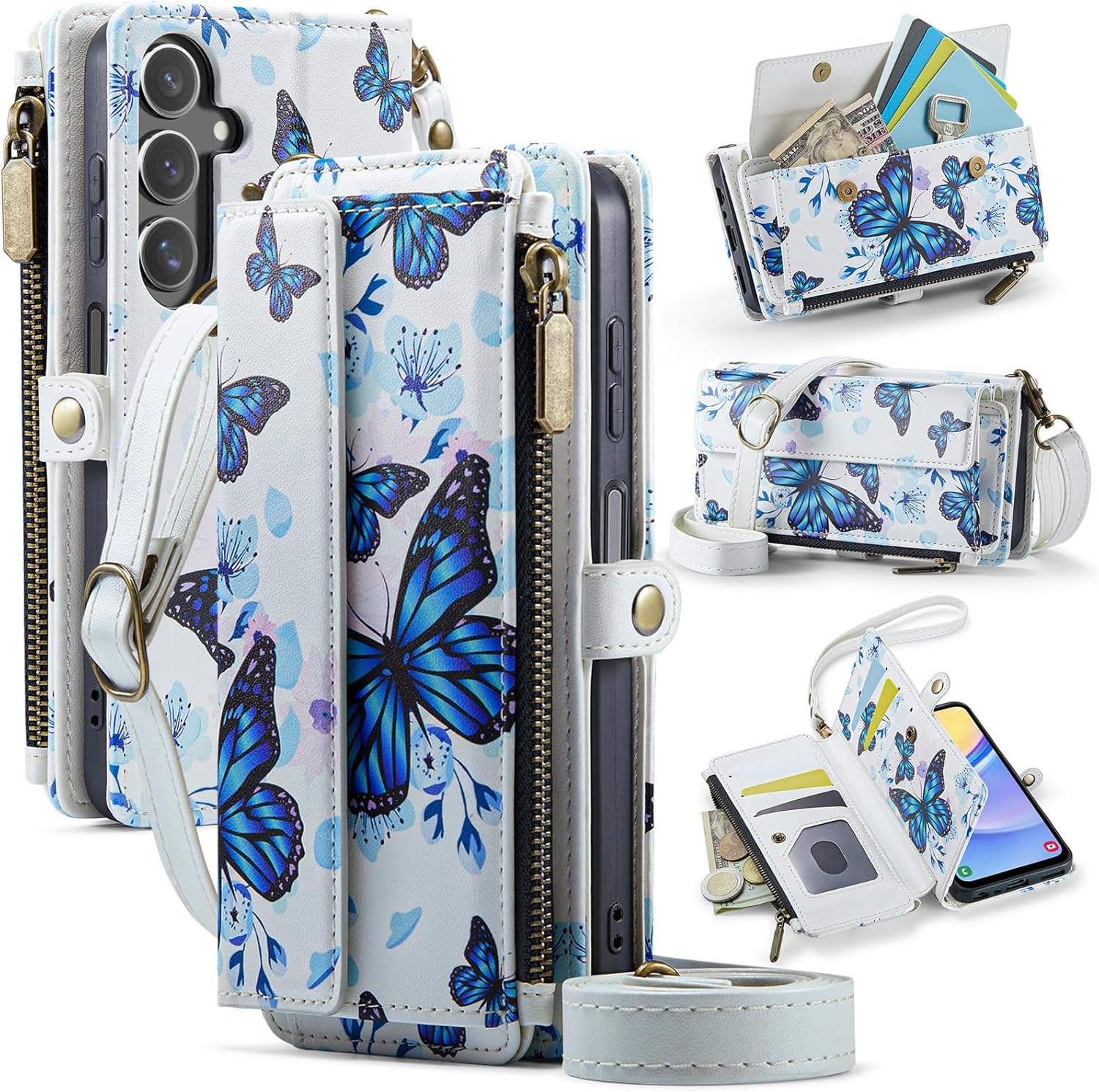 for Samsung Galaxy A16 Case Wallet with RFID Blocking Card Holder Colored Drawing PU Leather Magnetic Snap Flip Zipper Strap Wallet Phone Case Fit for Galaxy A16,Aurora Butterfly