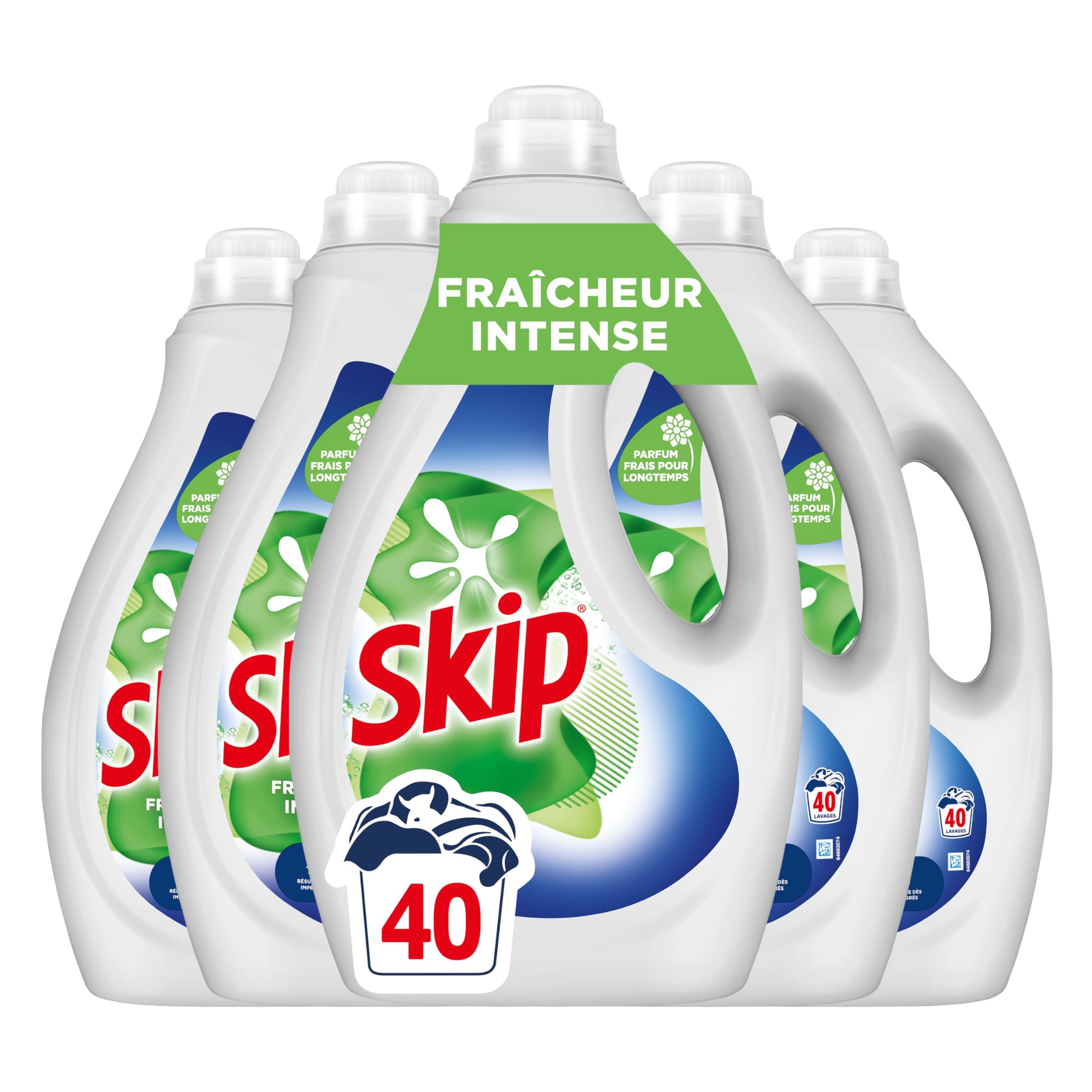 SKIP - Lessive Liquide Fraicheur Intense - Action Détachante Efficace - 100 pour cent impeccable, éclatant et délicatement parfumé - Lot de 5x40 lavages