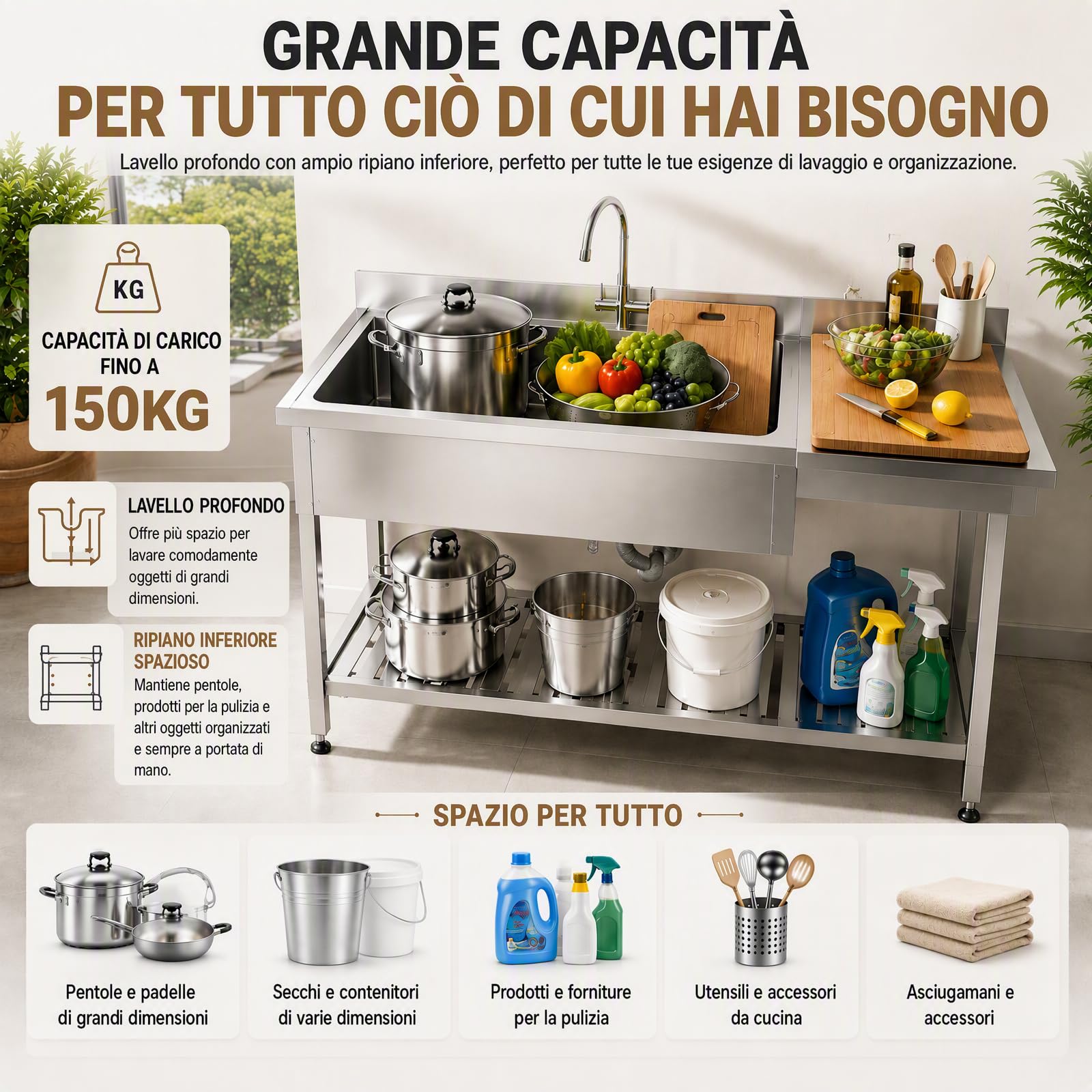 Lavello Cucina Autoportante Argento in Acciaio Inox con Rubinetto