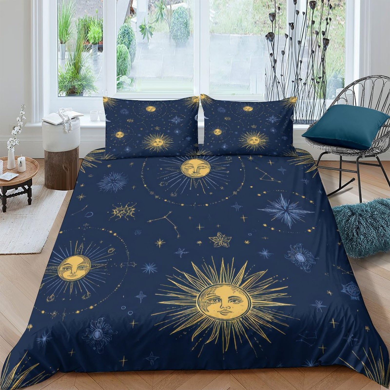 GPLZQXKJNH 3D Printed Sun Moon Duvet Cover Microfiber Soft Breathable Starry Sky Bedding Set with 2 Pillowcases for Bedroom Decor Single（135x200cm）