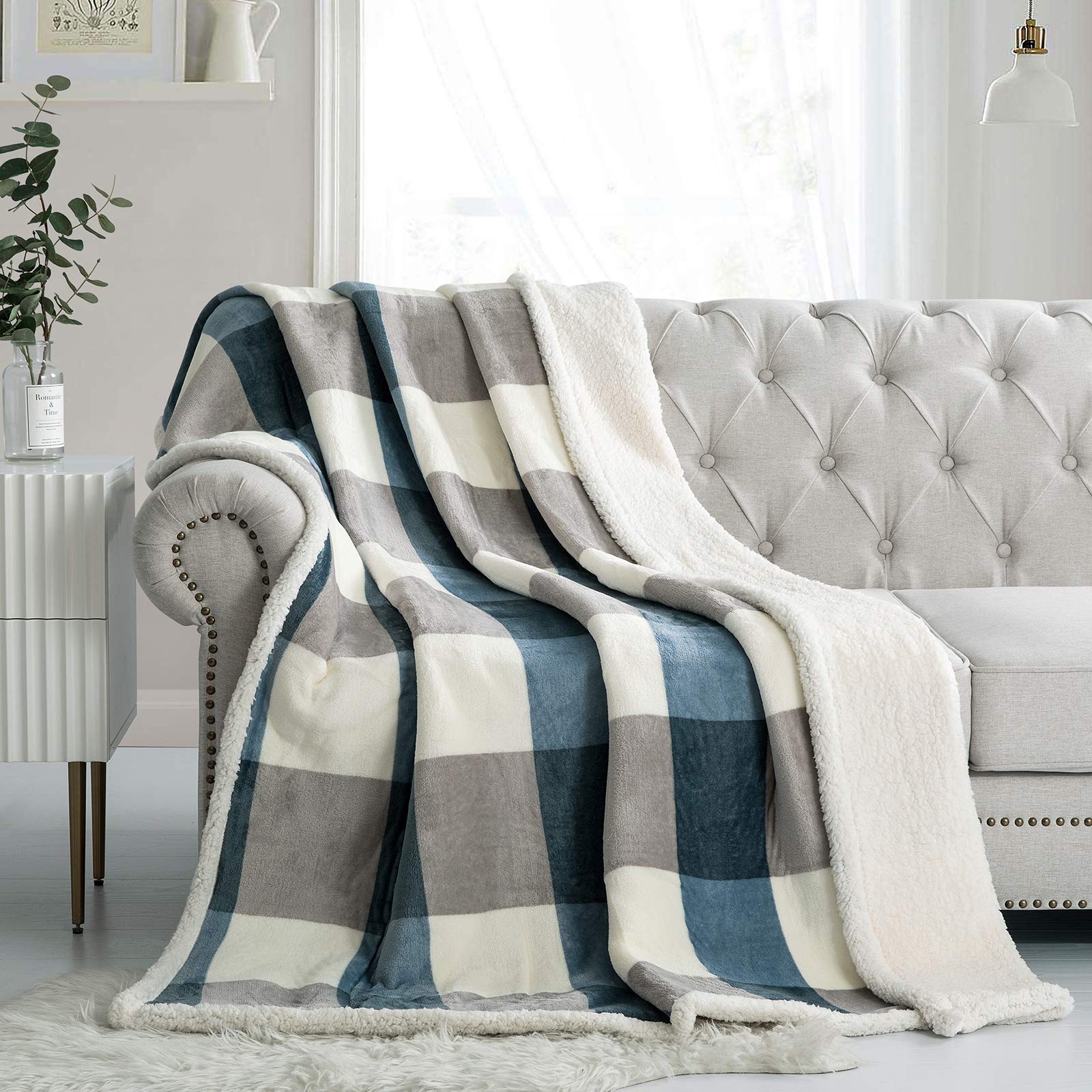 PU MEI Sherpa Fleece Throw Blanket Reversible Plush Fluffy Lattice Flannel Blankets for Sofa Couch Bed,60"x80",Grey-Blue