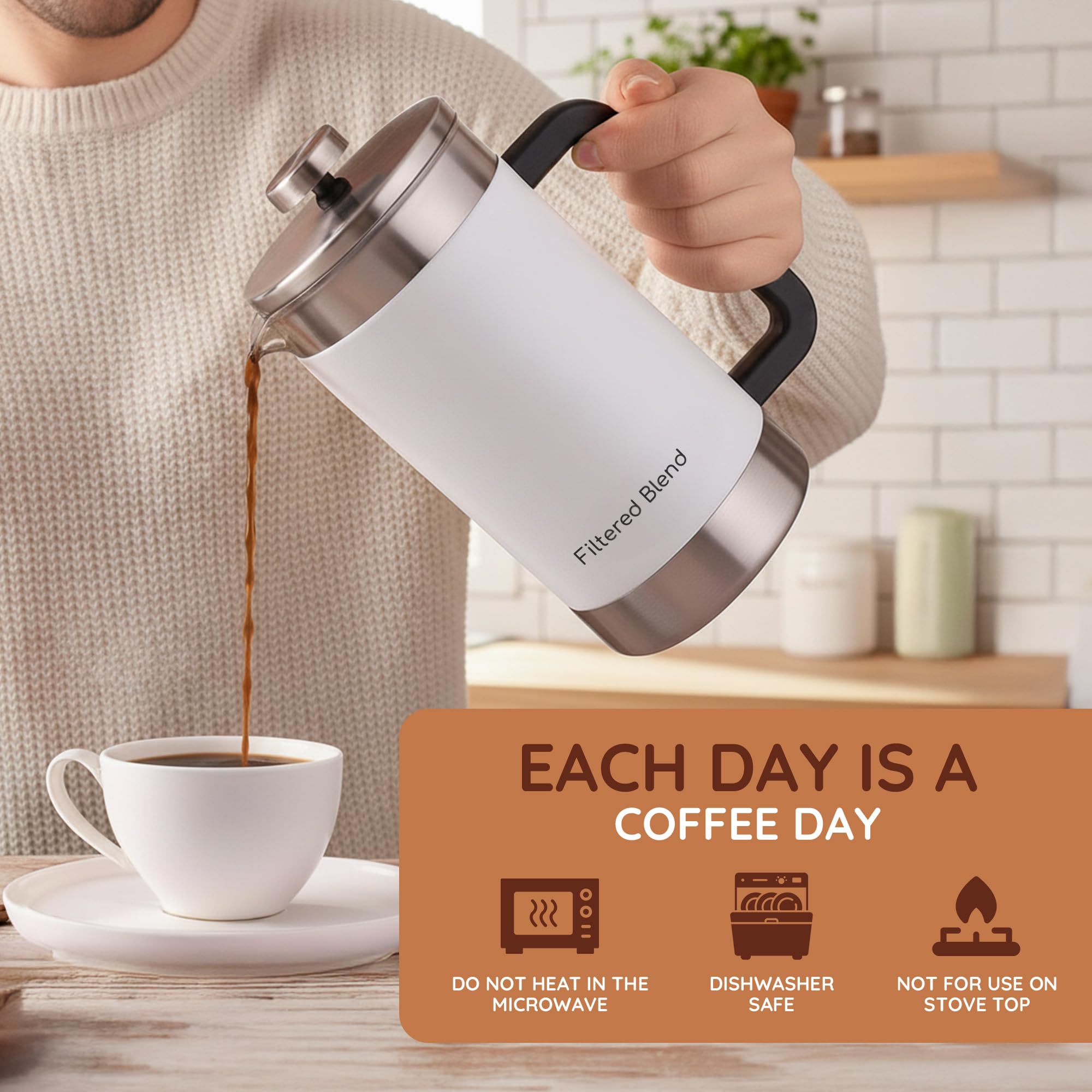 Filtered Blend 1.6L French Press Coffee Maker (White) thumbnail 7