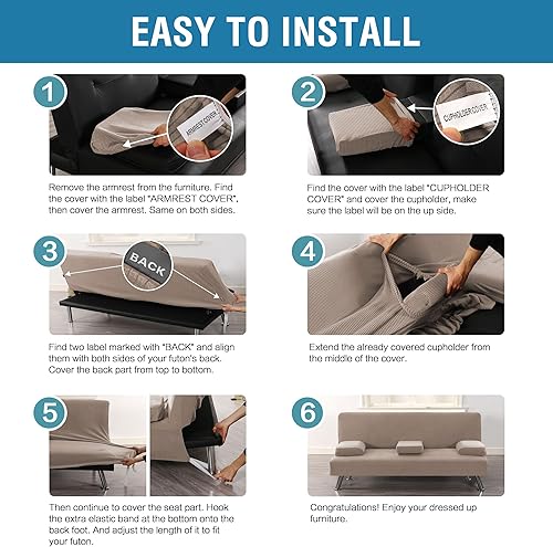 Miniatura 6 de H.VERSAILTEX 4 Fundas Elásticas para Futón, Funda para Sofá Cama con Reposabrazos Extraíbles y Fundas para Portavasos, Protector de Muebles de Tela