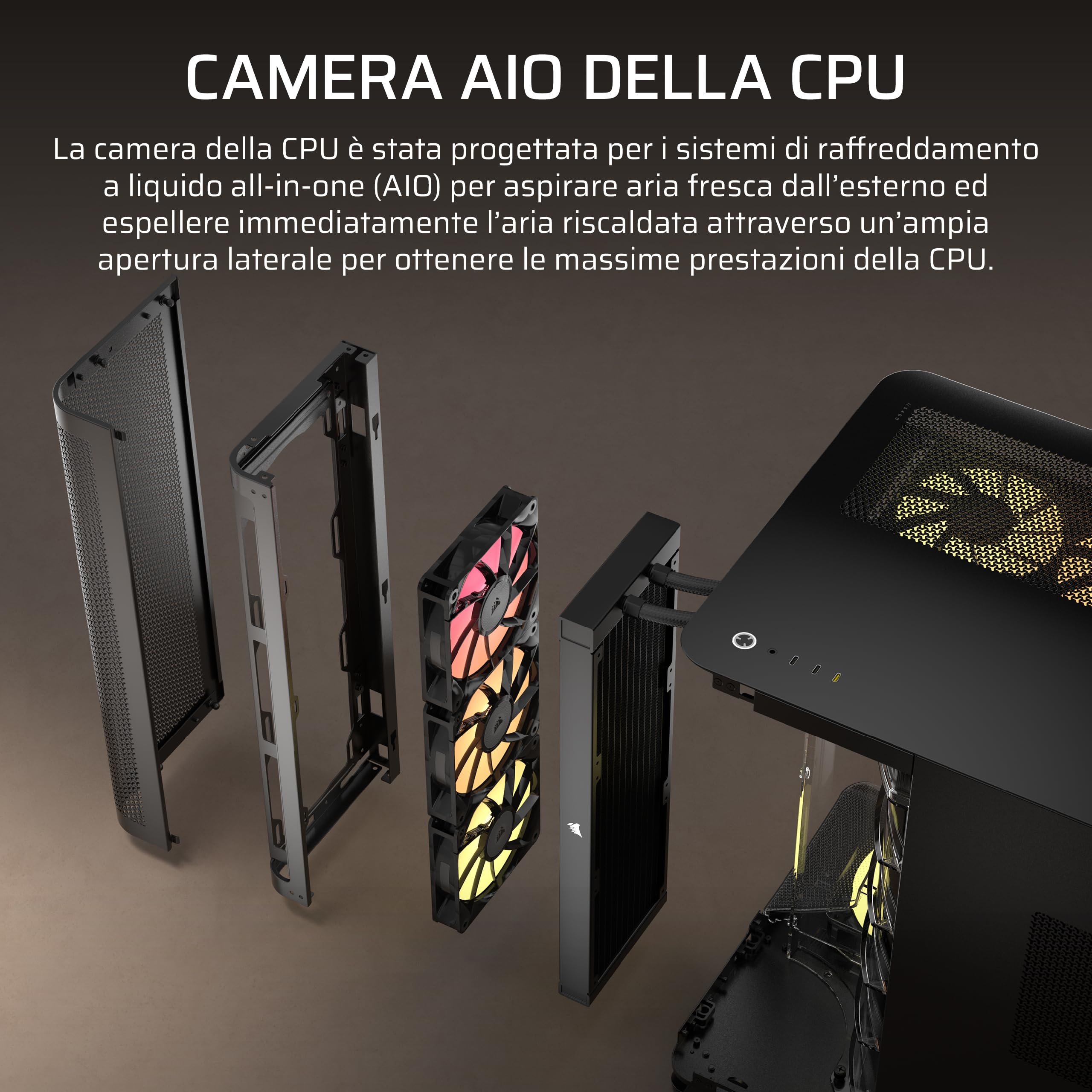 CORSAIR AIR 5400 RS-R ARGB Case PC Panoramico Mid-Tower – Nero | A Tripla Camera, 3 Ventole RS120-R ARGB Rotazione Inversa, Condotti Silenziosi ad Alto Flusso, Supporto Scheda Madre Inverso
