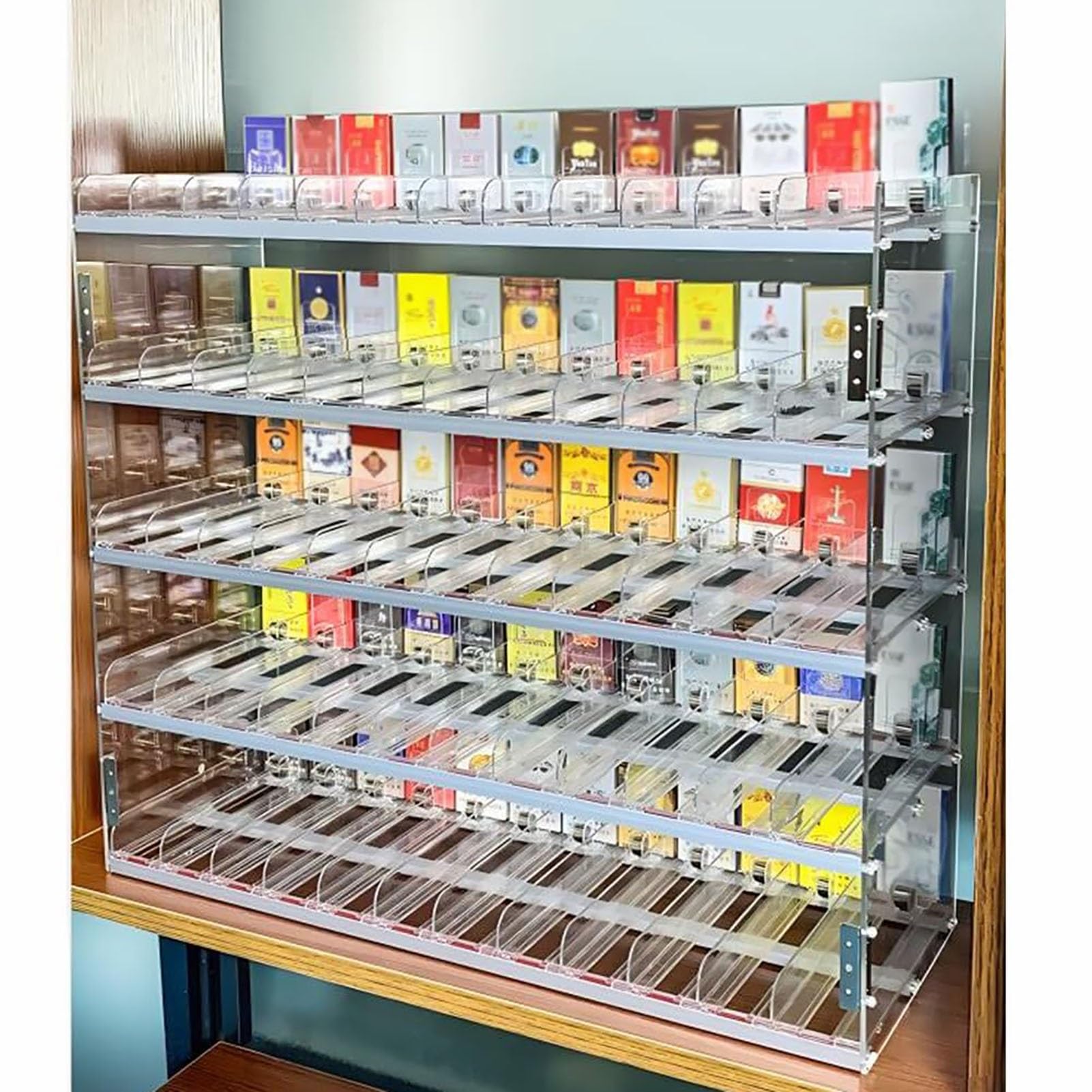 Dispenser di sigarette in acrilico da parete con meccanismo di espulsione automatico.Rack trapezoidale per RetaKiosk e uso domestico (61,5 x 8 x 84 cm) e design elegante