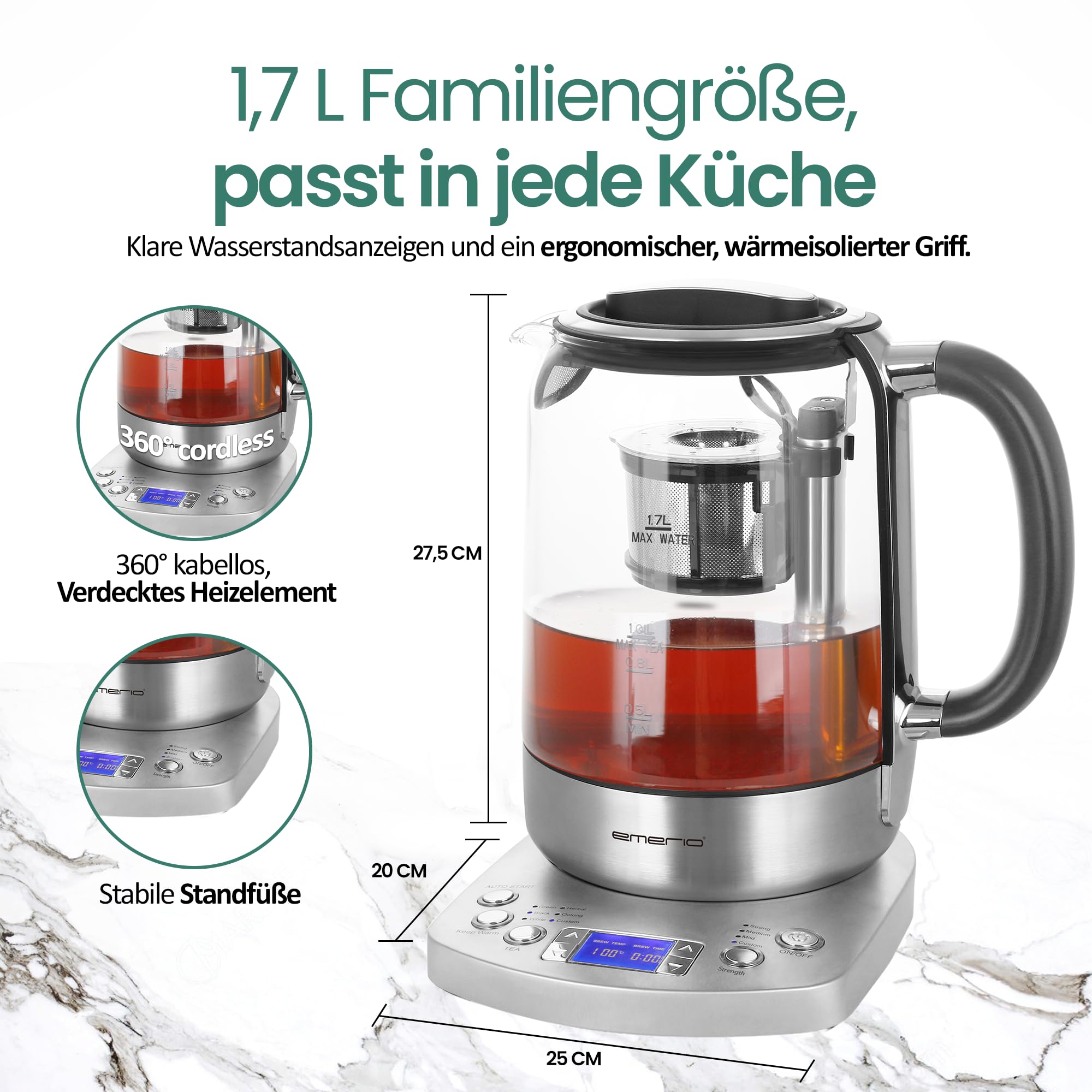 EMERIO Glas Teekocher Wasserkocher | 1,7 Liter | TESTSIEGER mit Note 1.3 | vollautomatisches Teesieb | Absenkautomatik | Borosilikatglas | Temperaturwahl | 2200 Watt | Schwarz/Silber | WK-122248