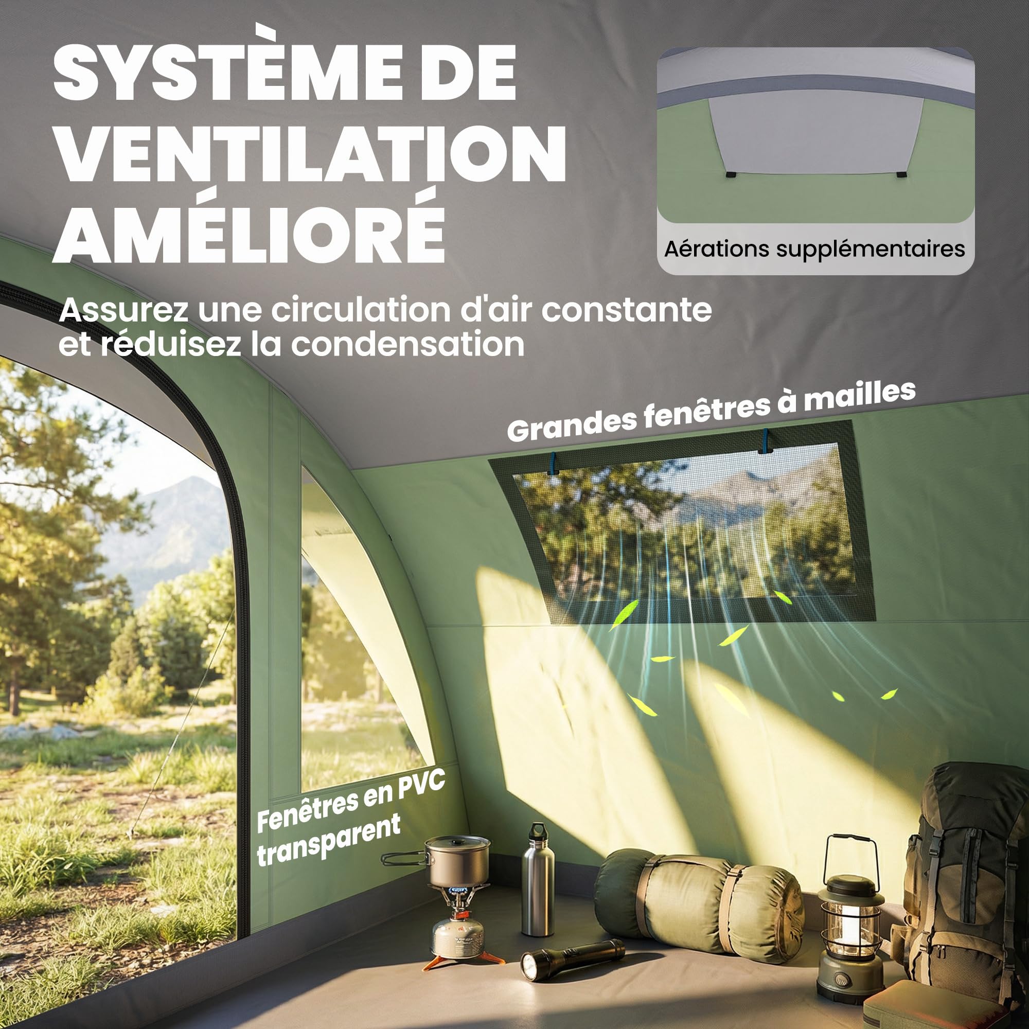 Outsunny Tente de Camping pour 5 Personnes, Tente Tunnel familiale légère ventilée étanche 3 000 mm Montage Facile, 4 fenêtres et Porche, Sac de Transport, pour randonnée Trekking pêche, Vert
