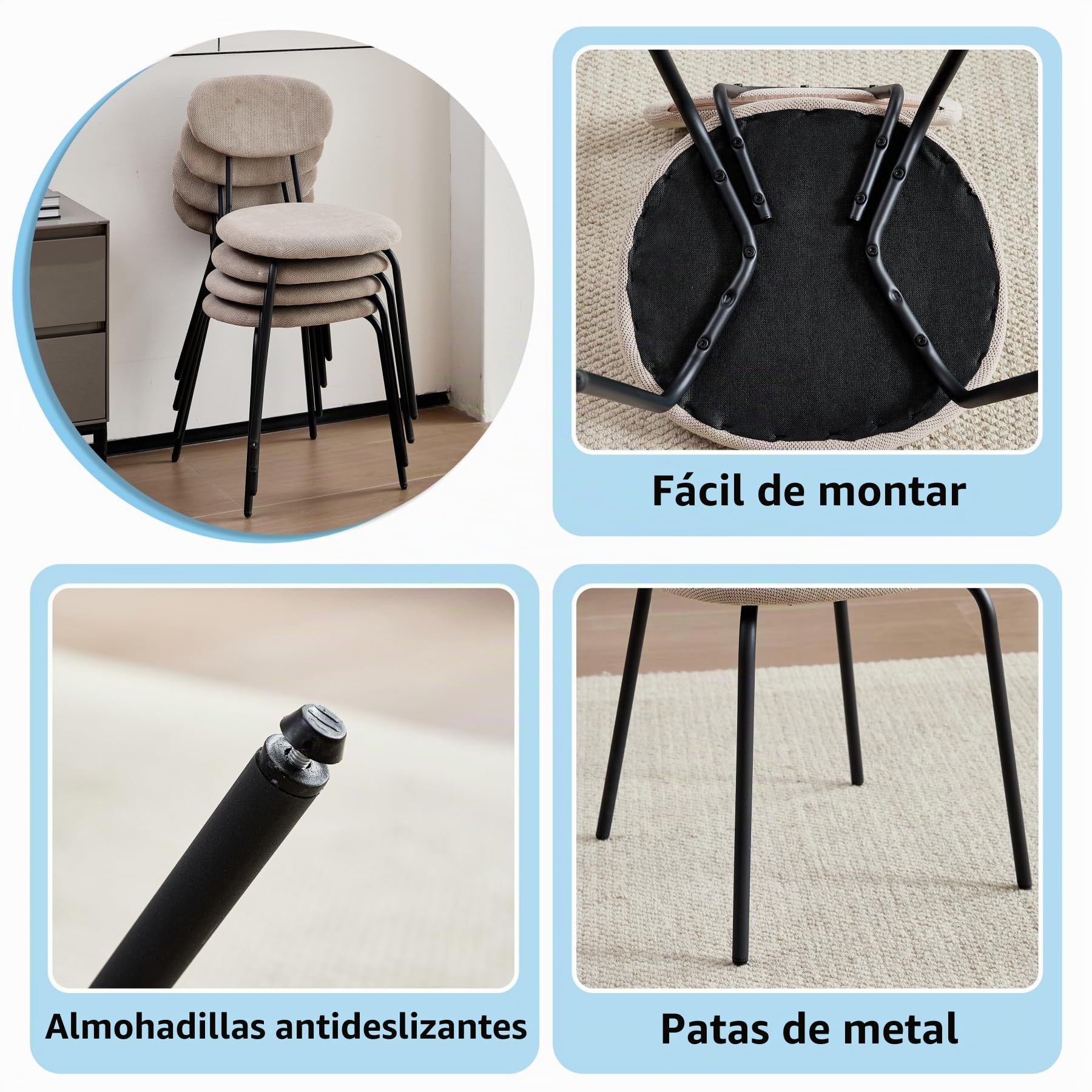 Juego de 4 Sillas de Comedor, Silla de Cocina Apilable, Silla Tapizada de Ocio con Patas de Metal Negro para Sala de Estar, Comedor, Cocina, Dormitorio - Caqui