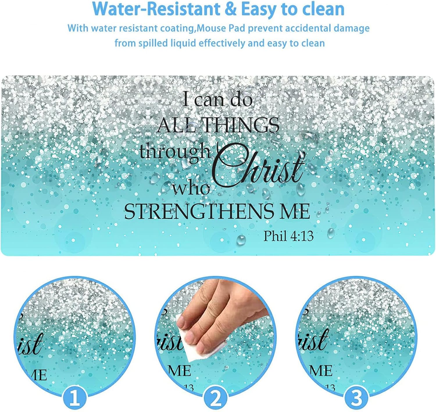 Large Gaming Mouse Pad, Long Extended XL Ergonomic Mousepad Desk Pad, Large Rubber Mice Pads Stitched Edges, 31.5'' X 11.8'+ Cup Coaster, Philippians 4：13 Bible Verse Blue Glitter image 5