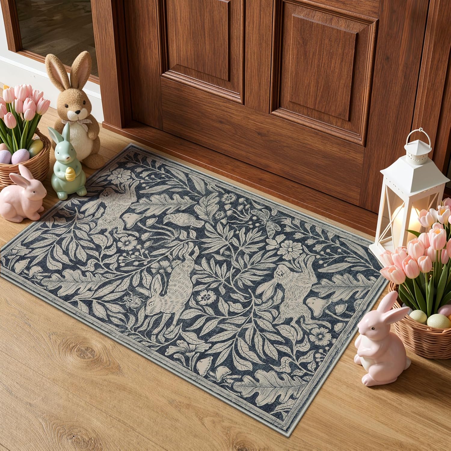 Lahome Nadine Forest Rabbit Indoor Entryway Rug, Washable Soft Area Rugs 2x3 for Bathroom, Whimsical Animal Woodland Dark Gray Easter Door Mat, Stain Resistant Small Carpet for Bedroom Bedside Decor