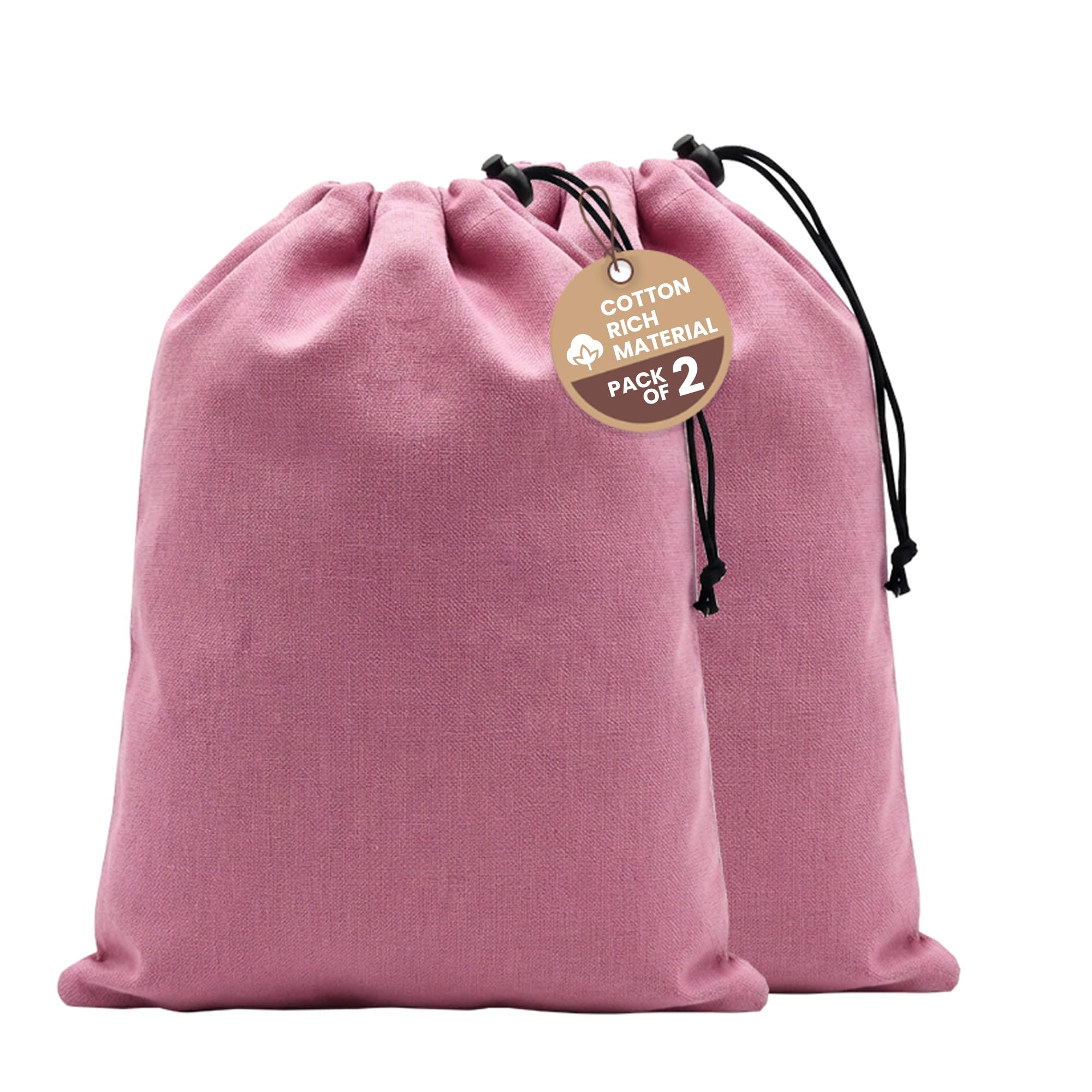 LFH Cotton Rich Shoe Storage Bags with Drawstring, Dustproof Breathable Reusable Organizer, Perfect For Travel, Dorm, Hotel, College, Gym, Easy to Carry, Machine Washable 8"x17" (Pack of 2) - Pink