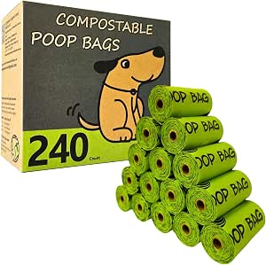 Certified Compostable Dog Poop Bag Rolls - 240 Count, Unscented, Extra Thick, Leak Proof, 9 x 13 Inches