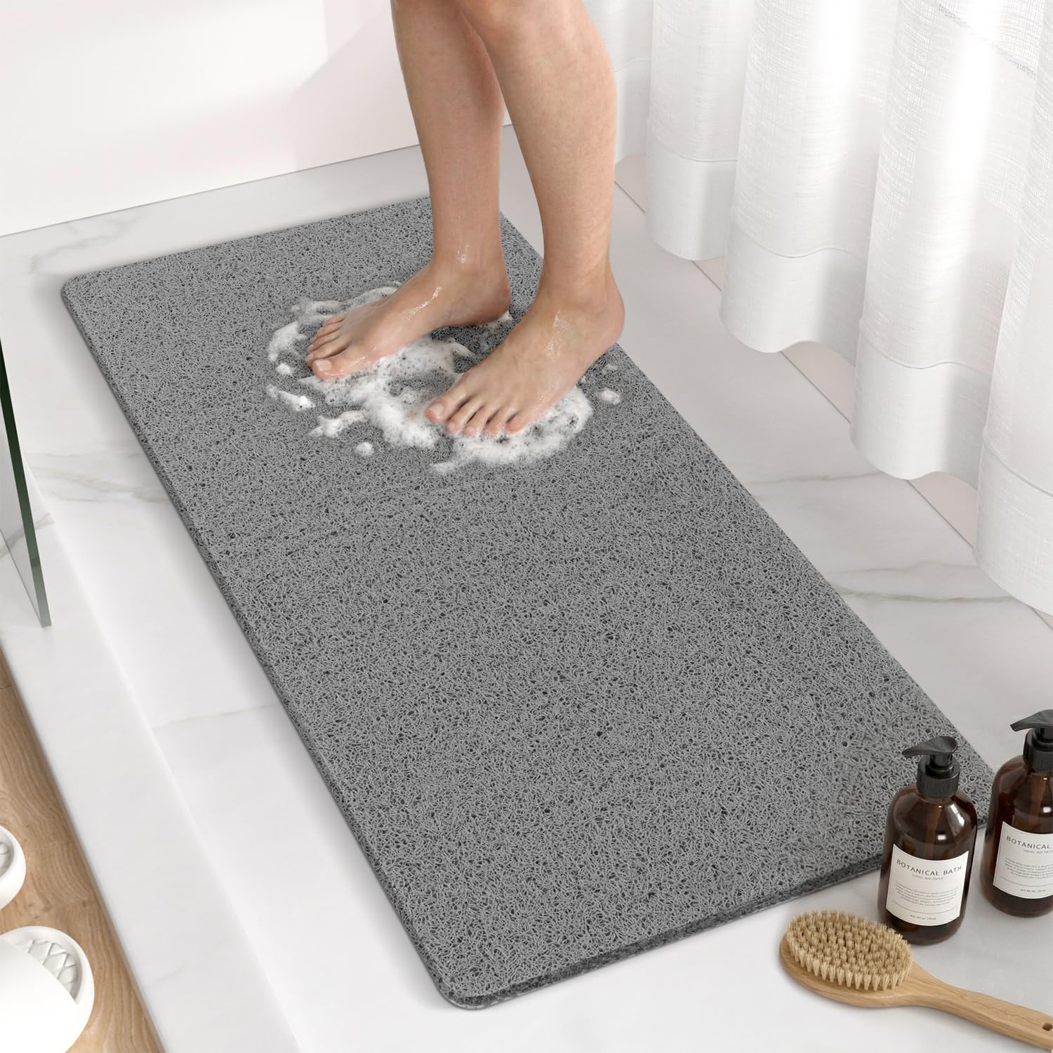 HITSLAM Duschmatte rutschfest, 88 x 40cm Lange Antirutschmatte Badewanne, Weicher PVC-Luffa Badewannenmatte rutschfest, Ohne Saugnapf Badematte, Schnelltrocknend und Leicht zu Reinigen, Grau
