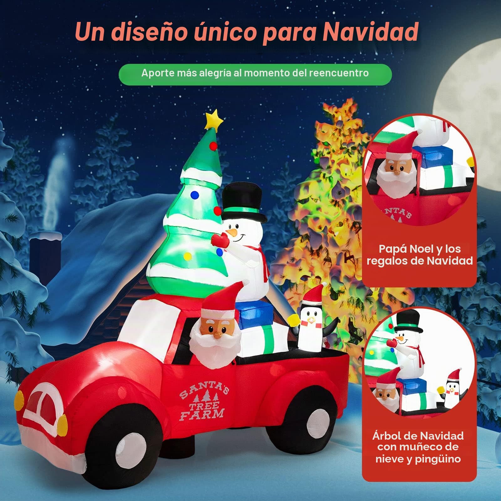 GOPLUS Papá Noel Inflable Conduce un Coche de 220 cm, Decoración de Navidad Inflable Exterior con Árbol de Navidad, Muñeco de Nieve y Pingüino, Decoración Navideña con Luces LED y Soplador Incorporado