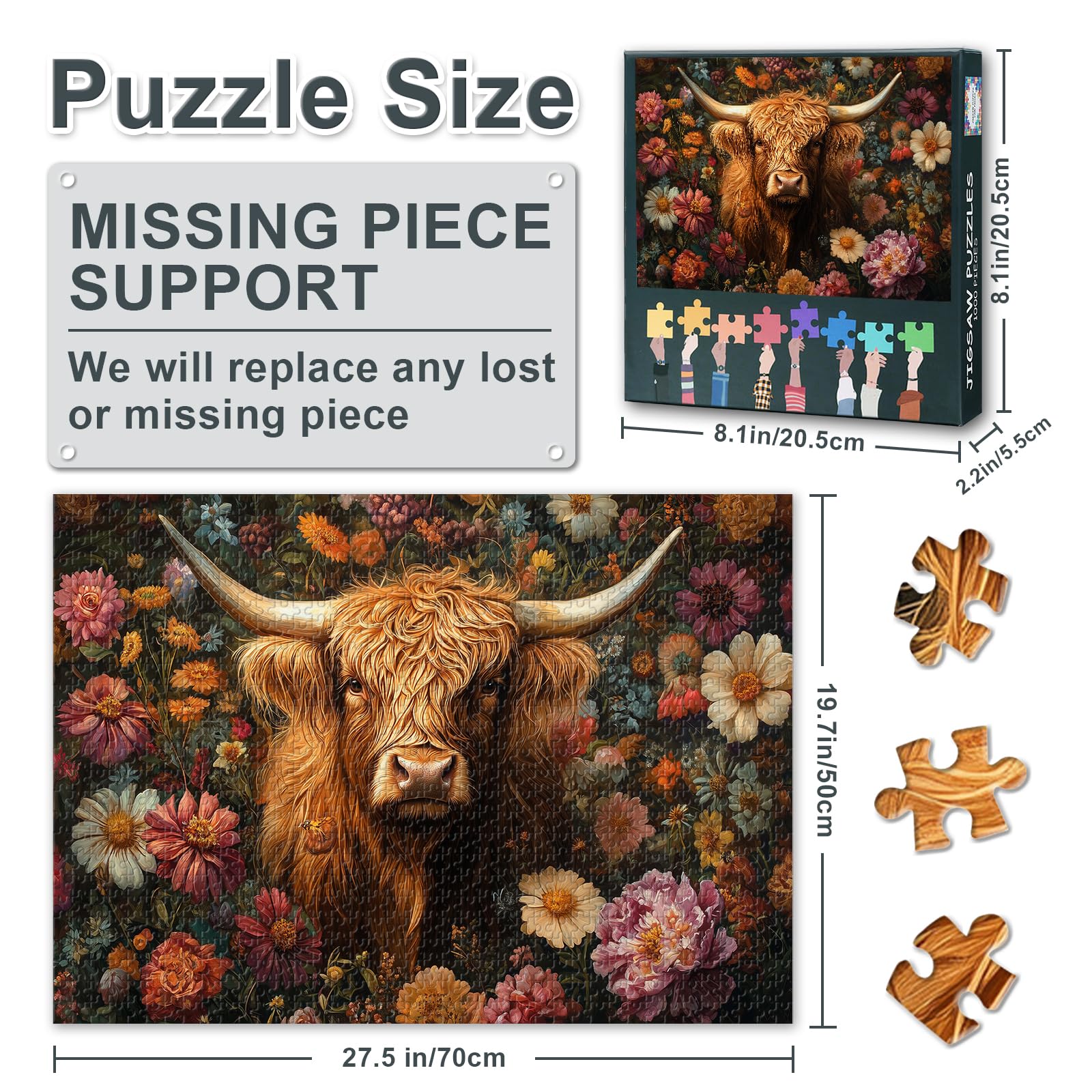1000 Piece Jigsaw Puzzle for Adults Schottish Highland Cow with Flowers Educational Game Challenge 1000 Pieces Puzzles for Adults Rompecabezas Para Adultos Challenging Puzzles 50x70cm - Image 3